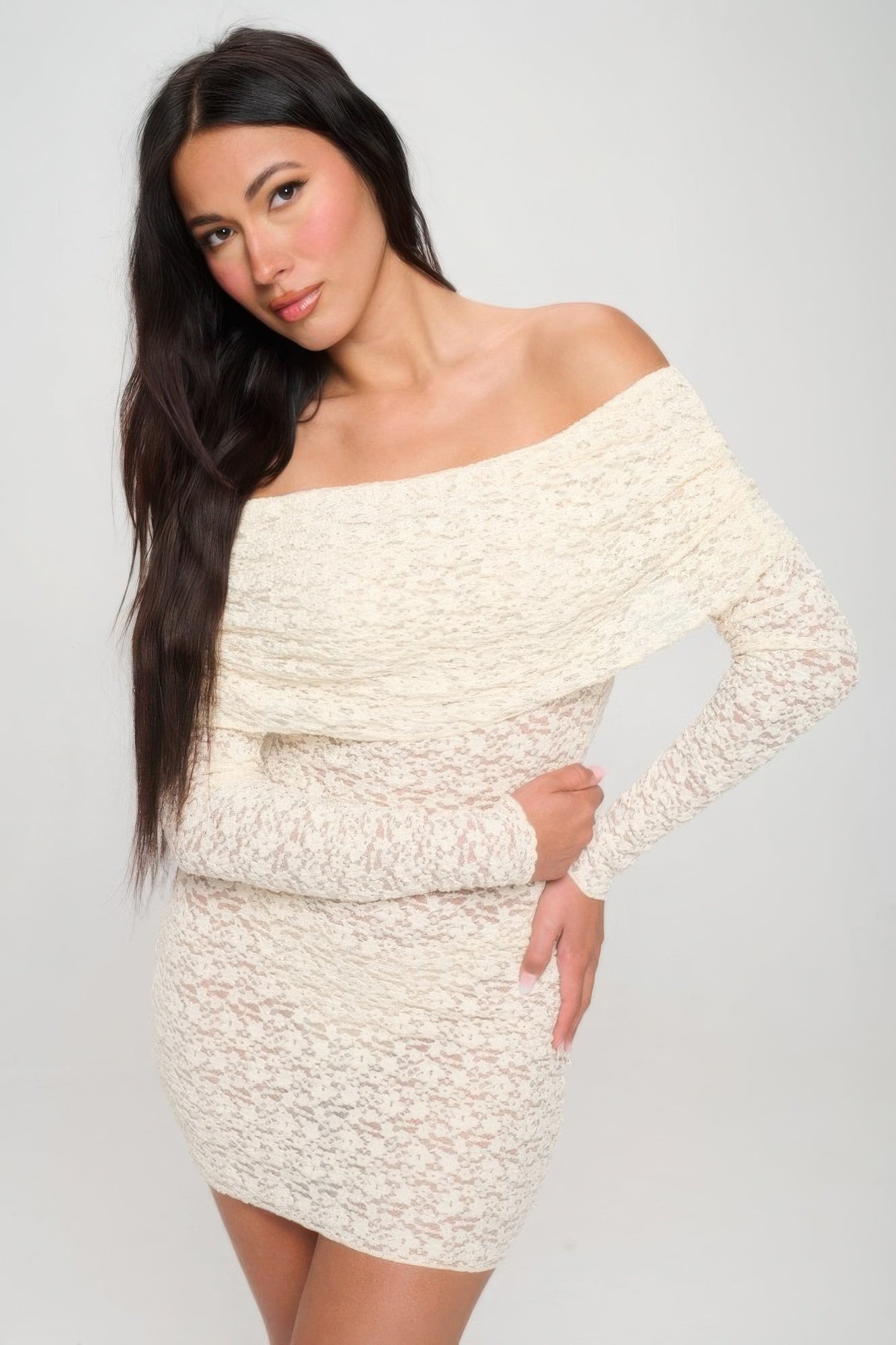 Off Shoulder Lace Sheer Mini Dress