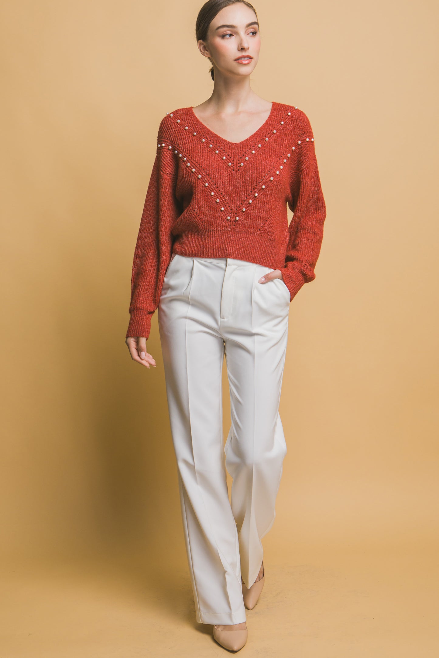 Crop Pearl Embellished Sweater