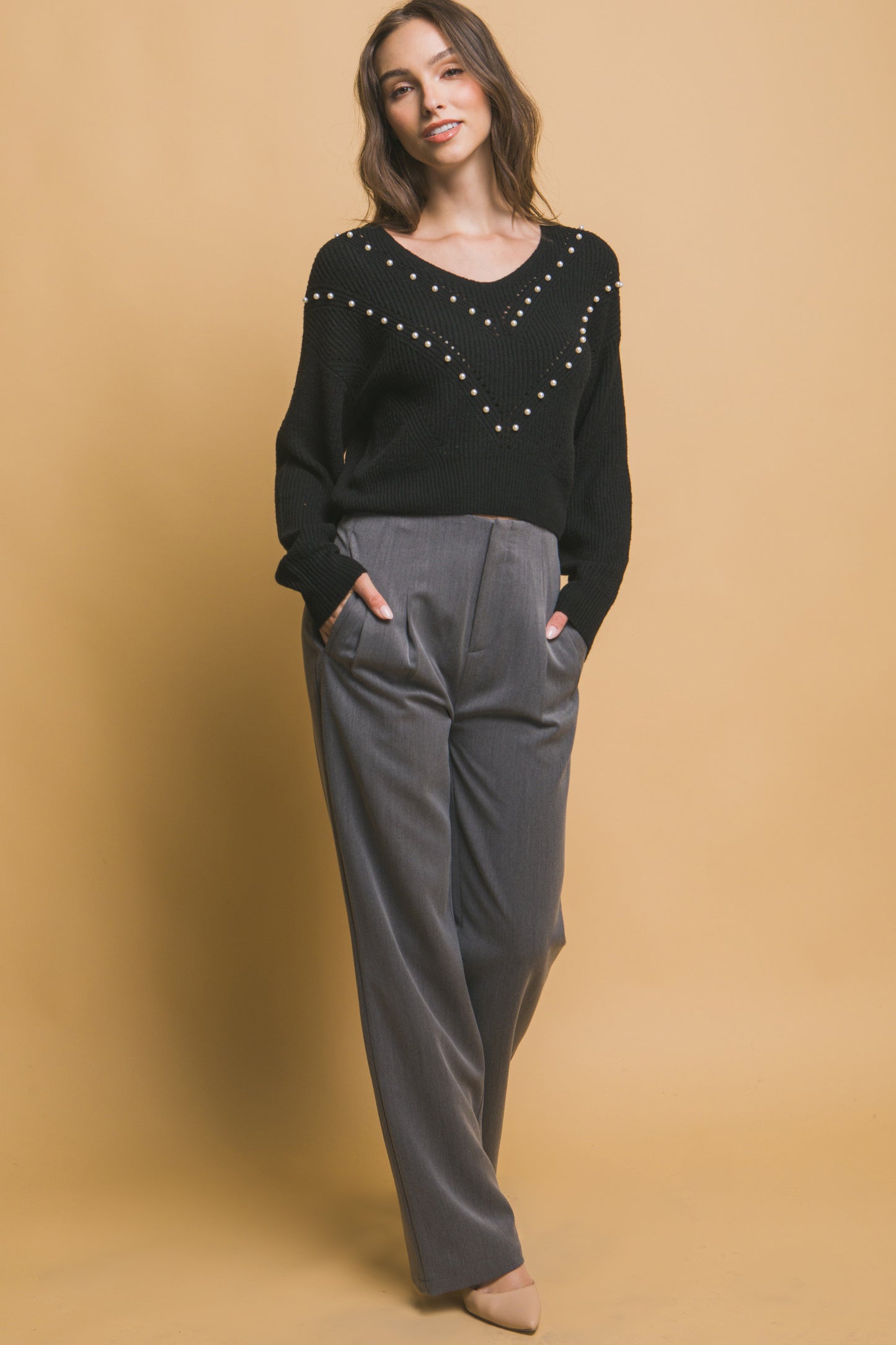 Crop Pearl Embellished Sweater