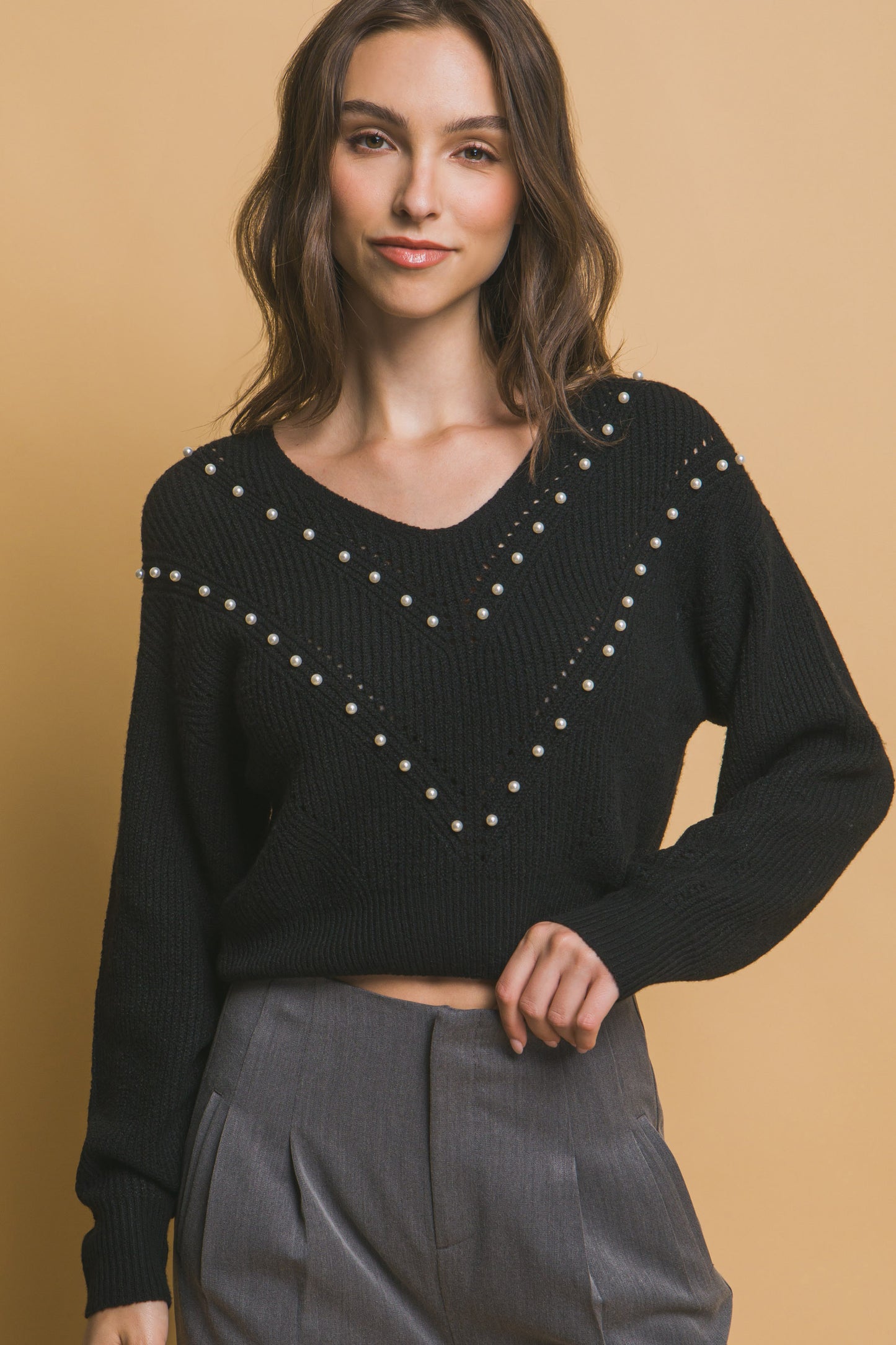 Crop Pearl Embellished Sweater