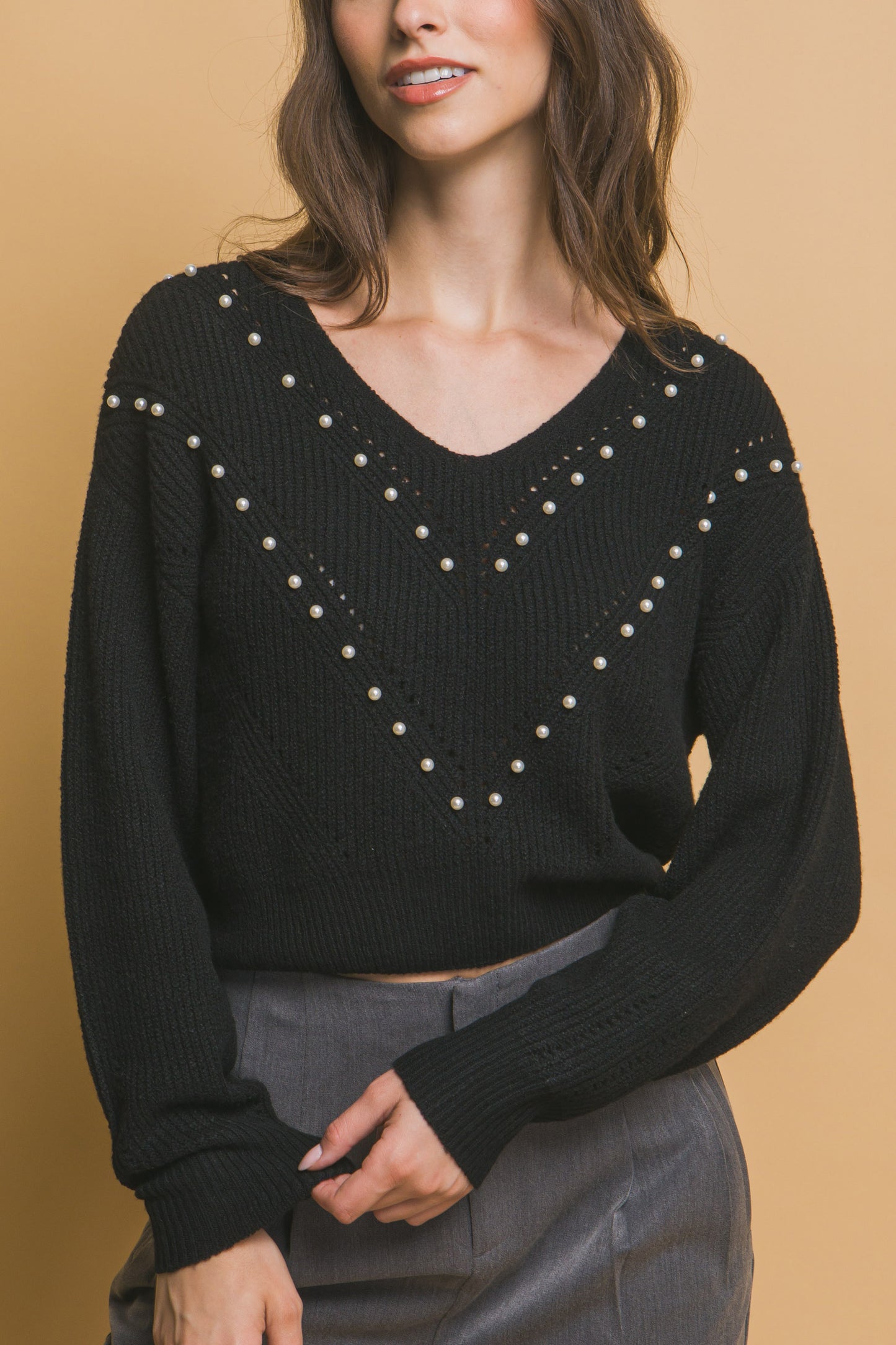 Crop Pearl Embellished Sweater