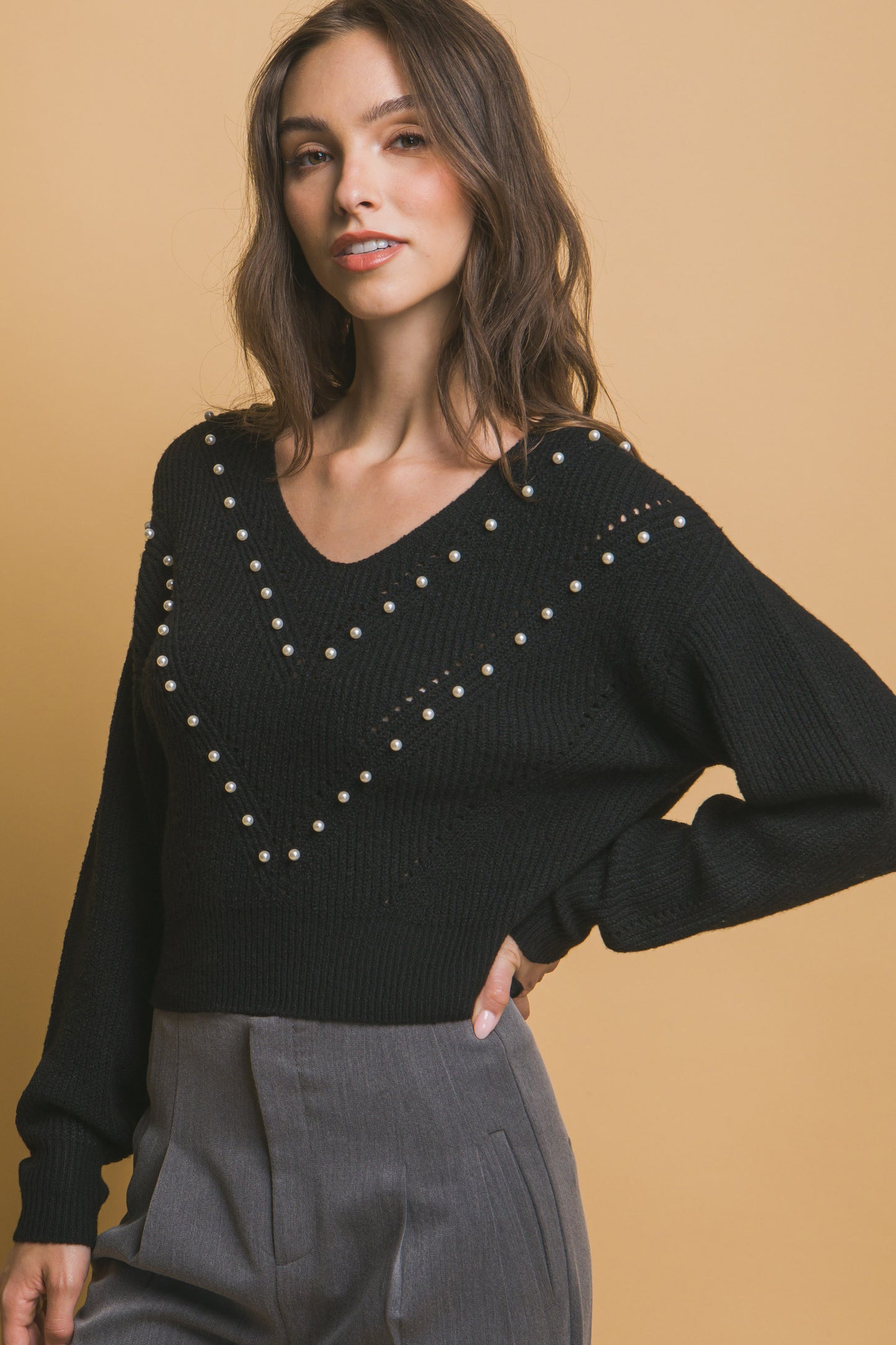 Crop Pearl Embellished Sweater