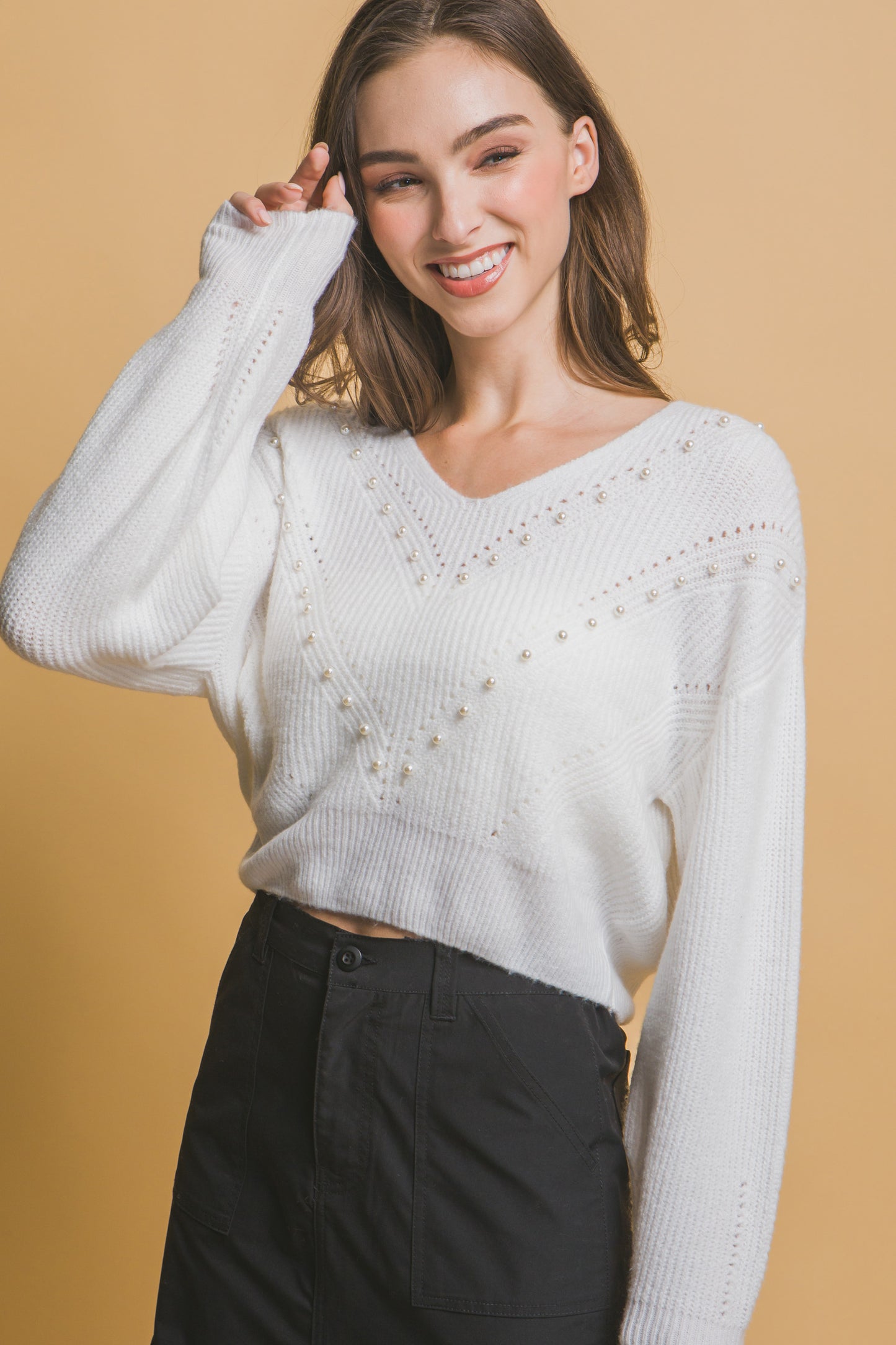 Crop Pearl Embellished Sweater