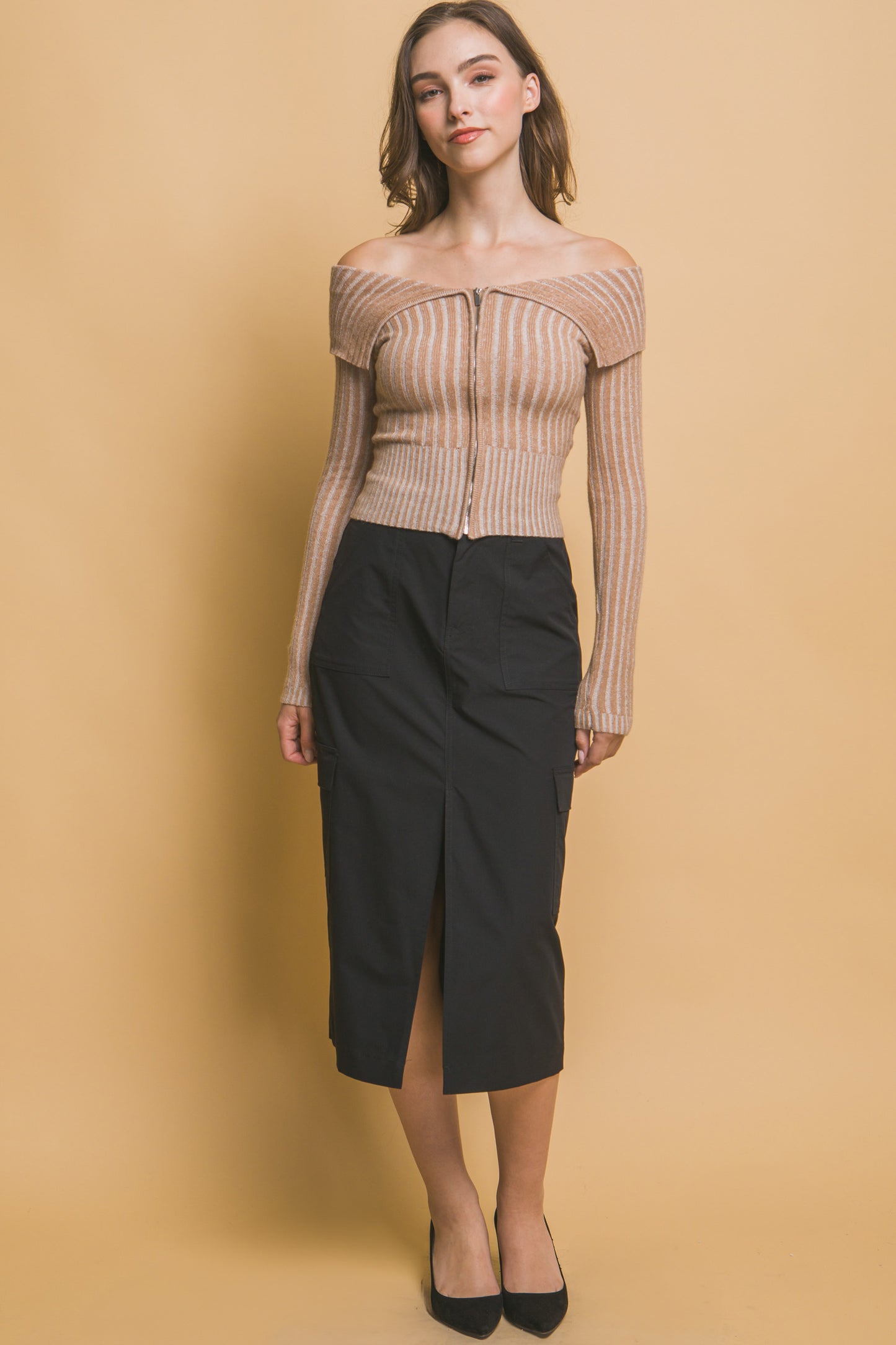 Ribbed Bardot Long Sleeve Mid Crop Top