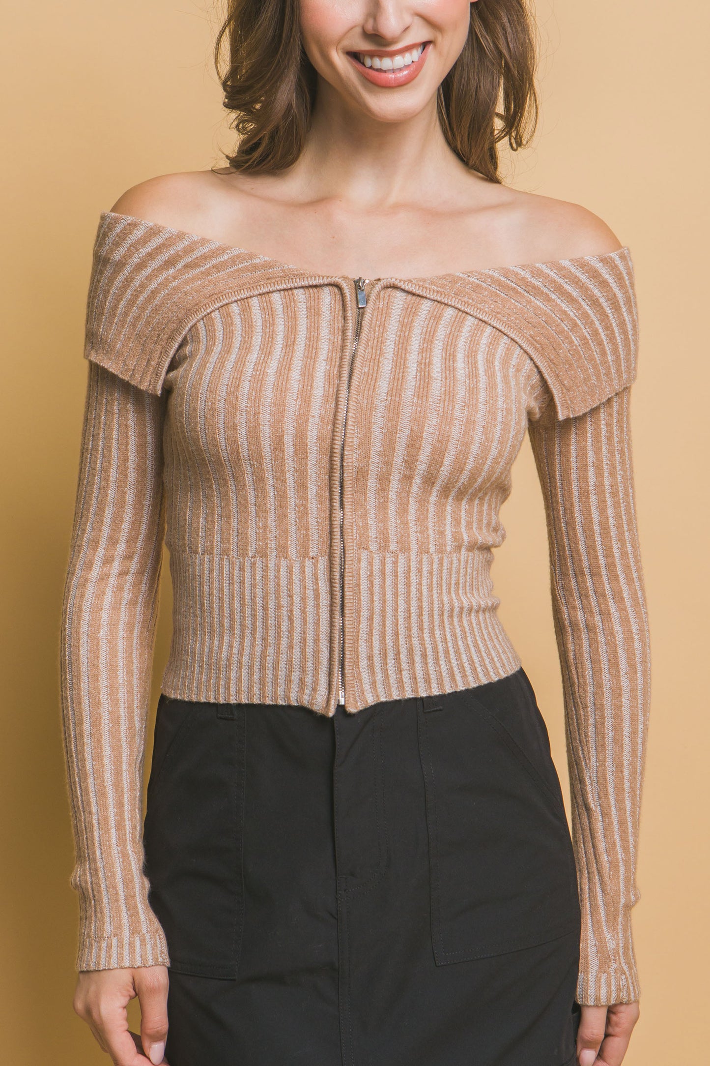 Ribbed Bardot Long Sleeve Mid Crop Top