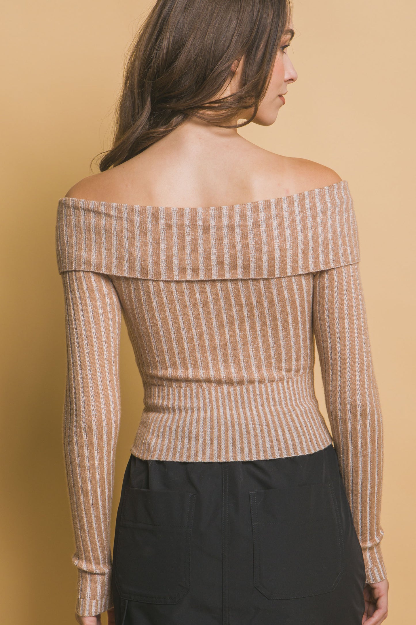 Ribbed Bardot Long Sleeve Mid Crop Top