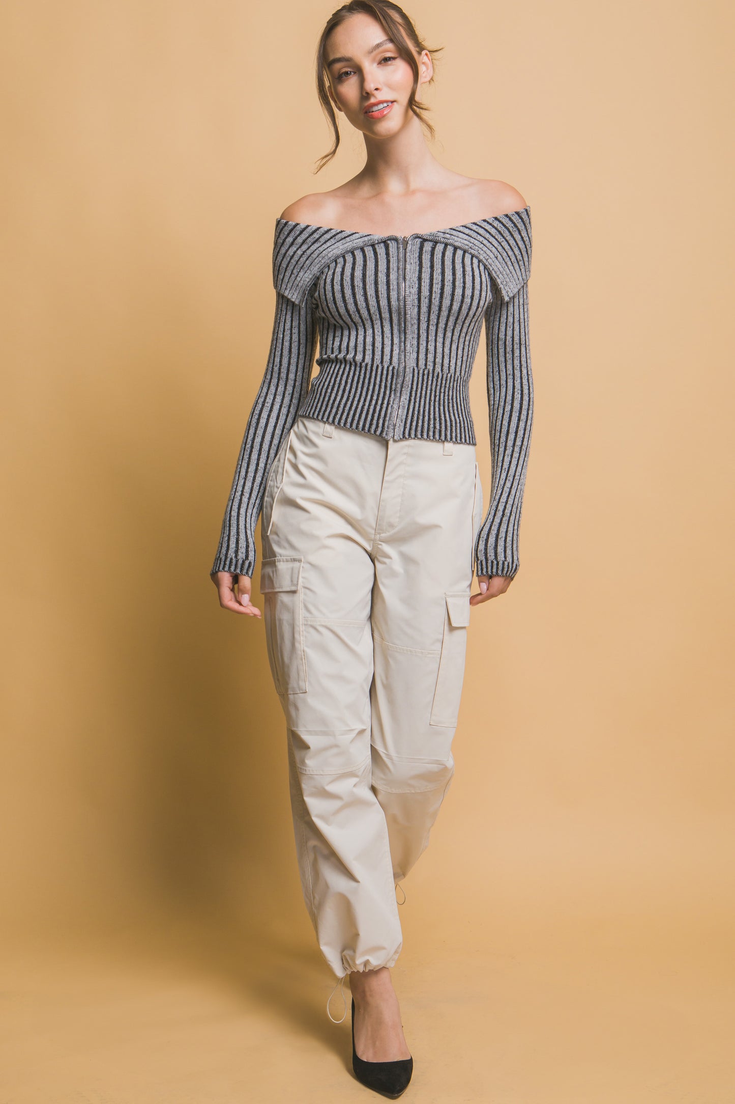 Ribbed Bardot Long Sleeve Mid Crop Top