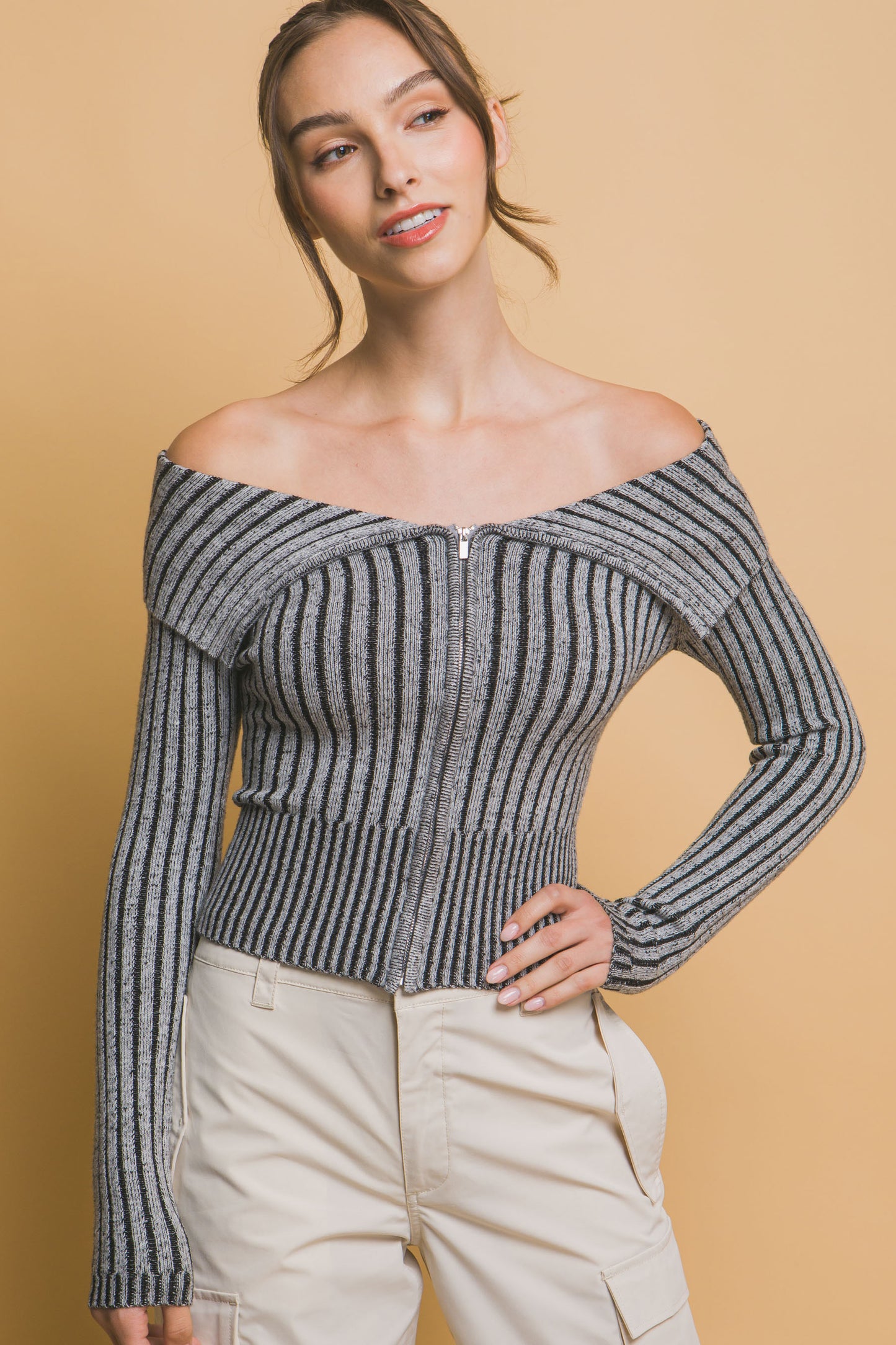 Ribbed Bardot Long Sleeve Mid Crop Top