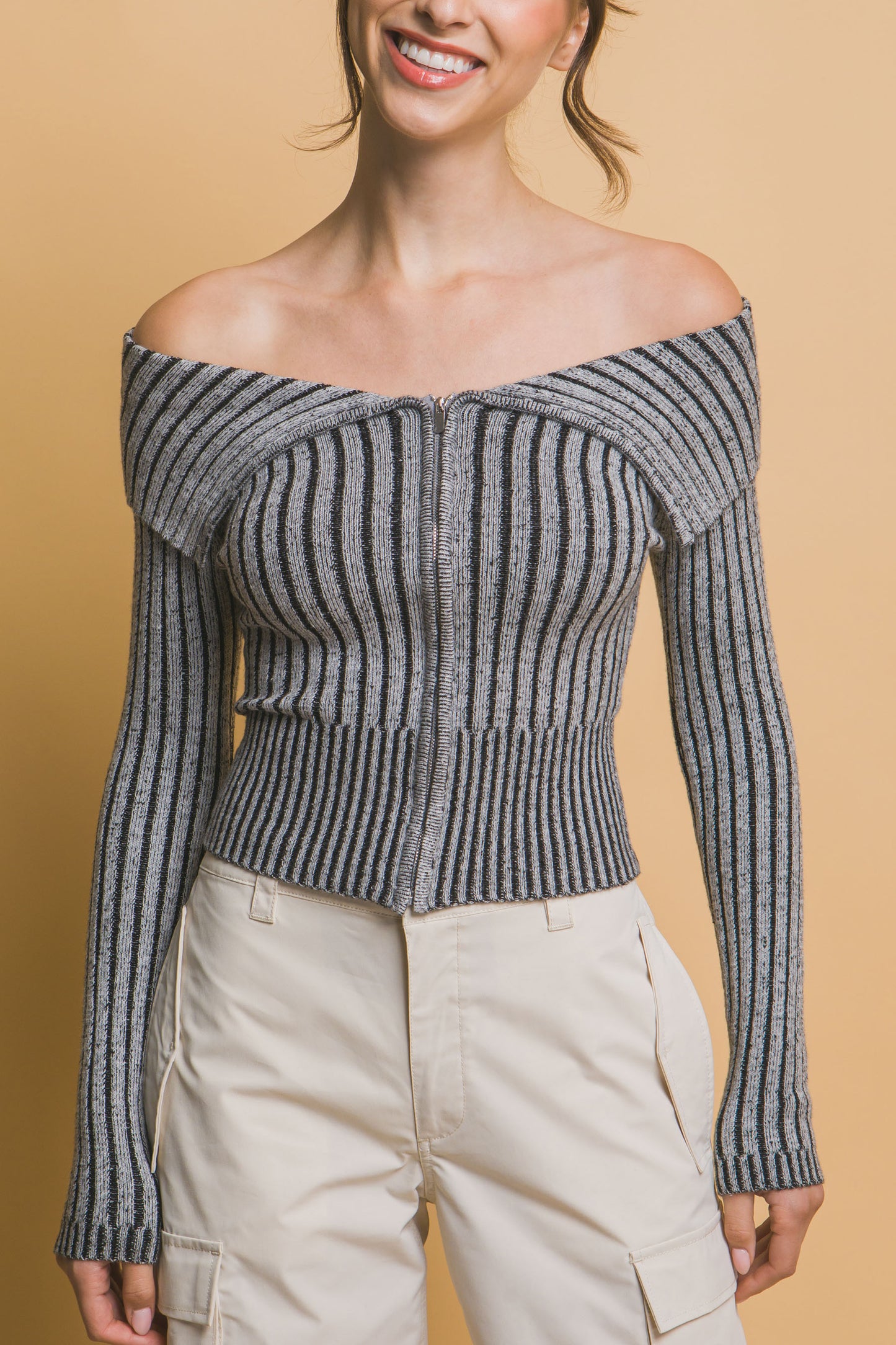 Ribbed Bardot Long Sleeve Mid Crop Top