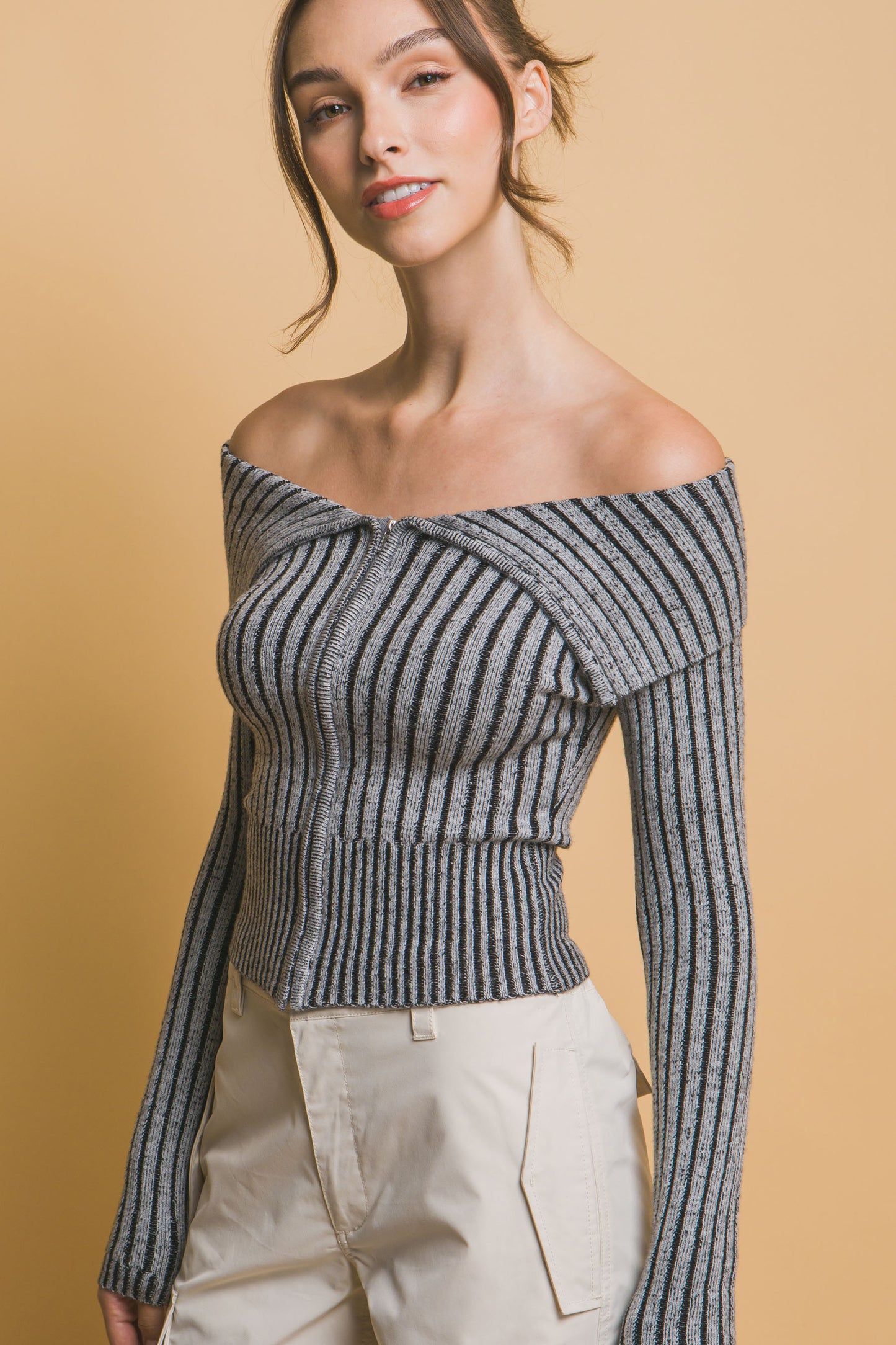 Ribbed Bardot Long Sleeve Mid Crop Top