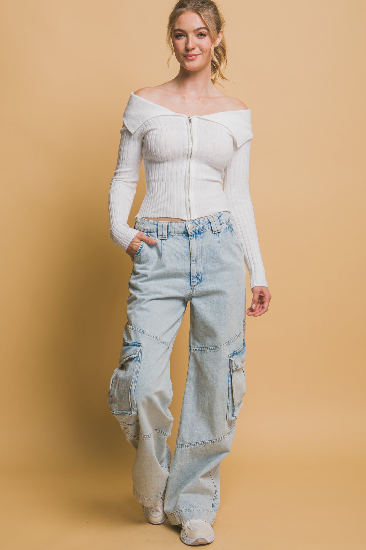 Ribbed Bardot Long Sleeve Mid Crop Top