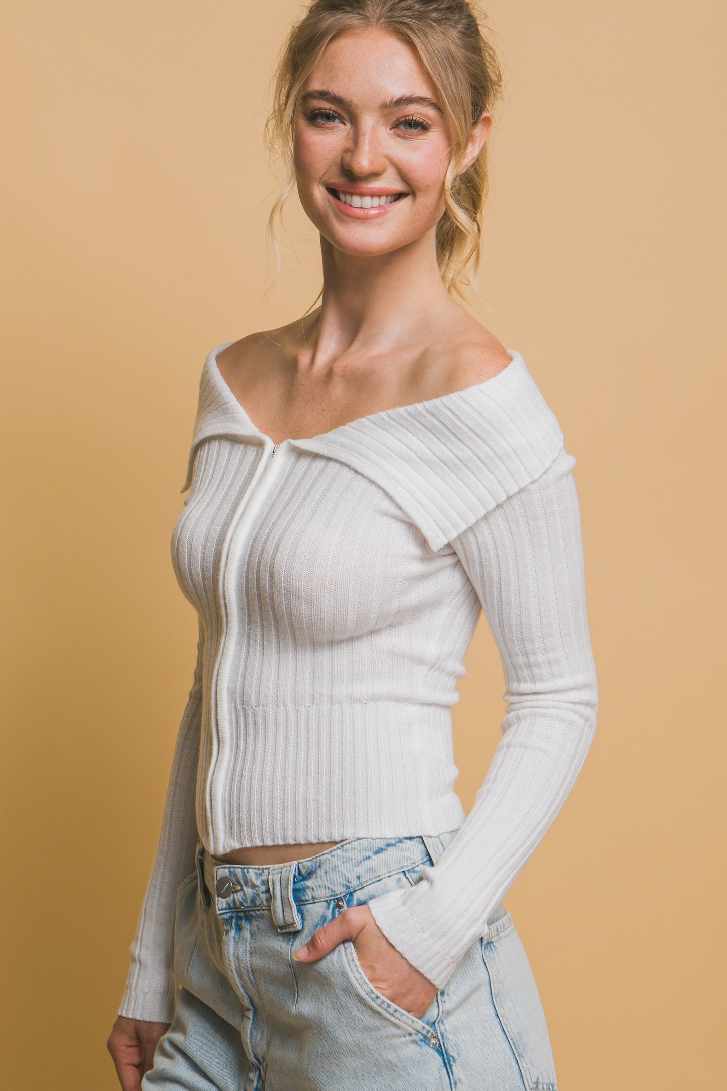 Ribbed Bardot Long Sleeve Mid Crop Top