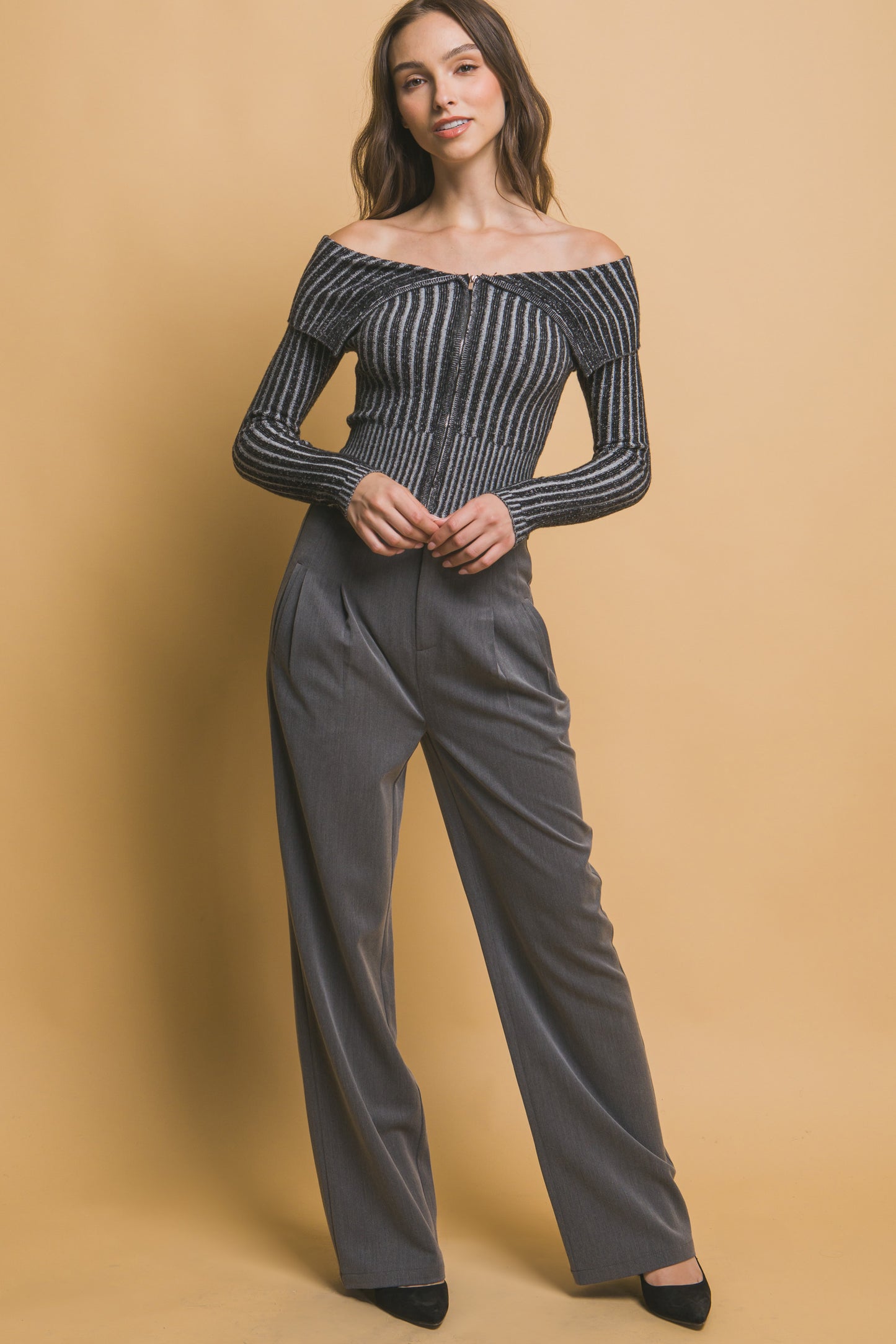 Ribbed Bardot Long Sleeve Mid Crop Top