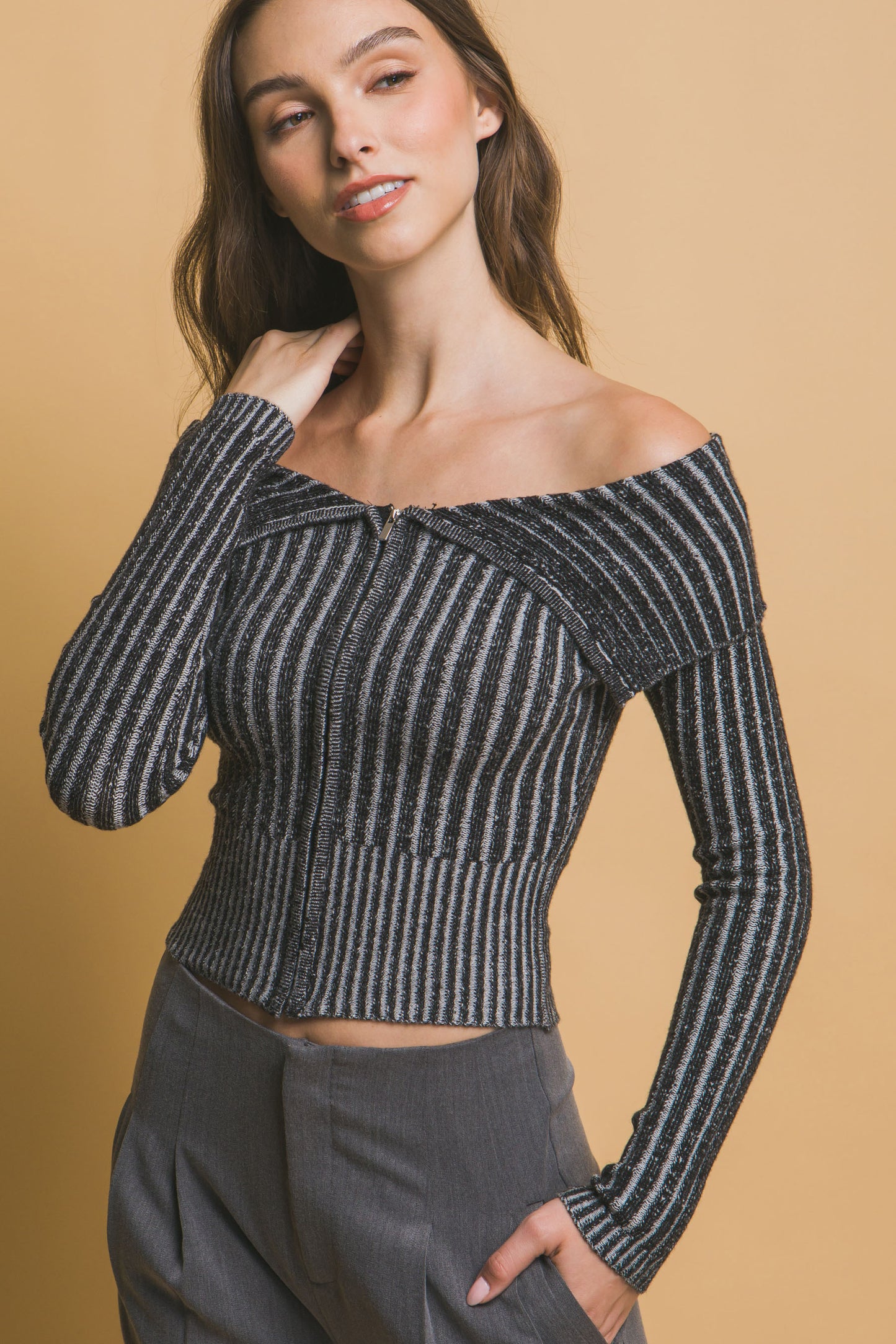 Ribbed Bardot Long Sleeve Mid Crop Top