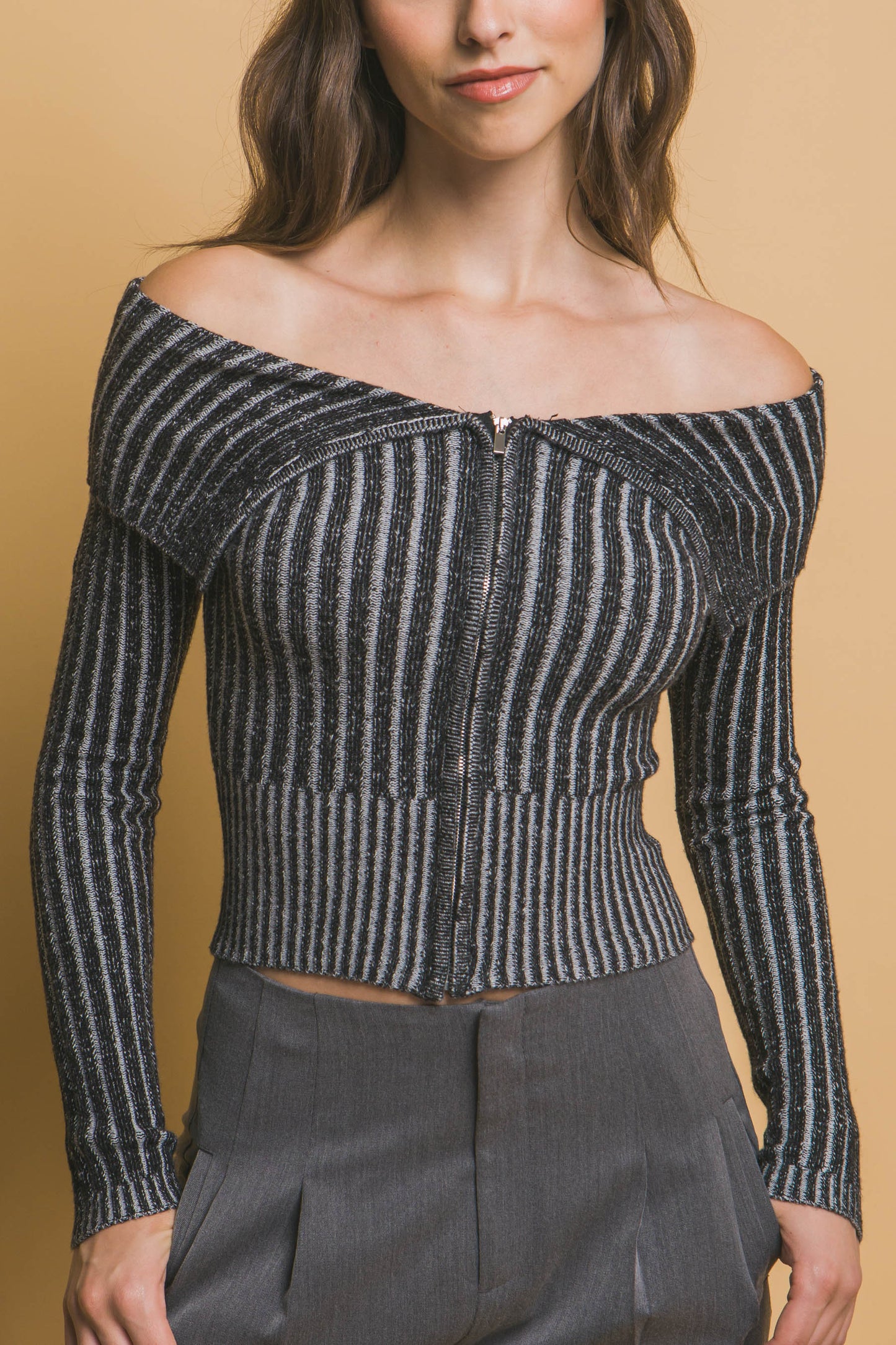Ribbed Bardot Long Sleeve Mid Crop Top