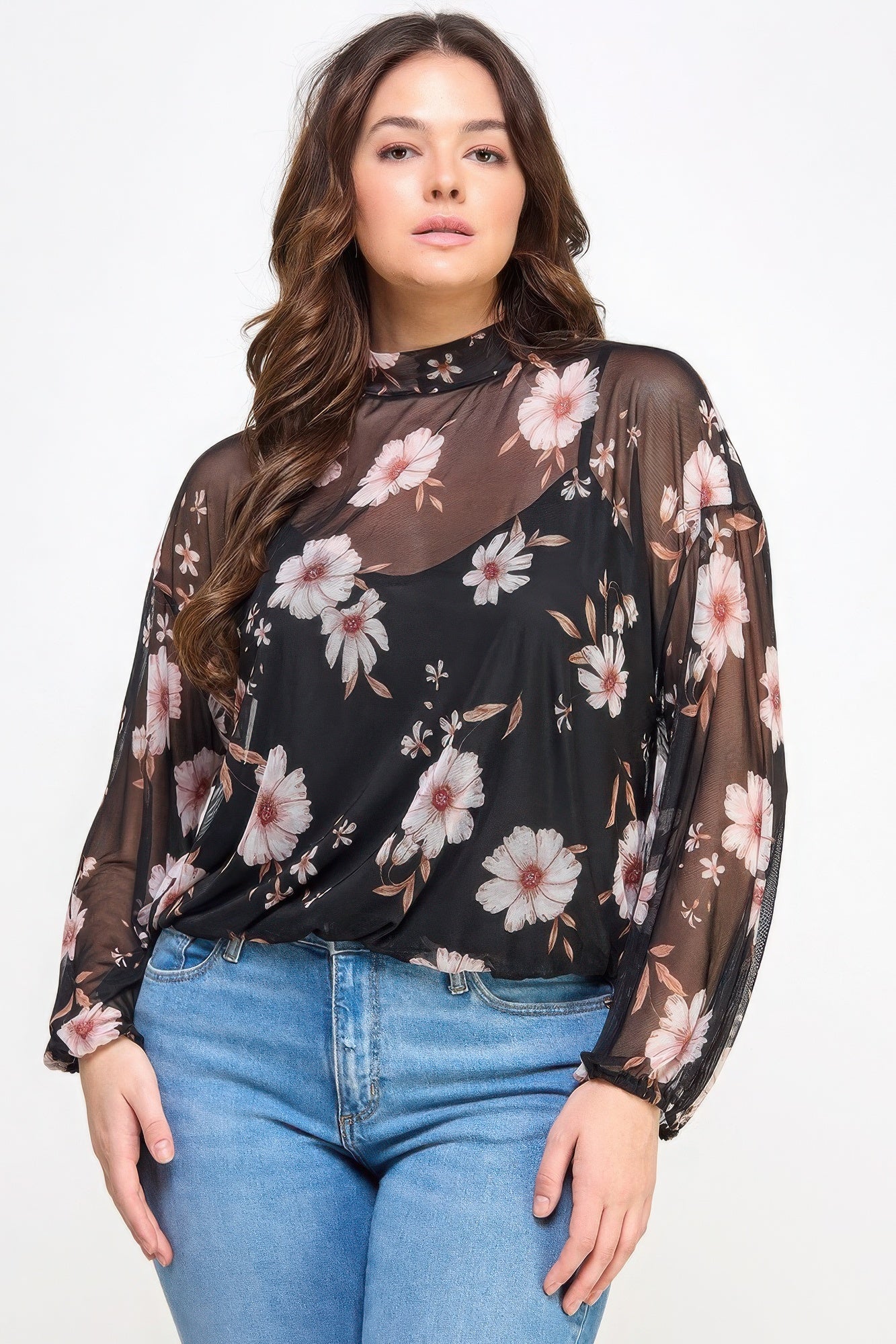 Mesh Floral Ls Top w/Cami