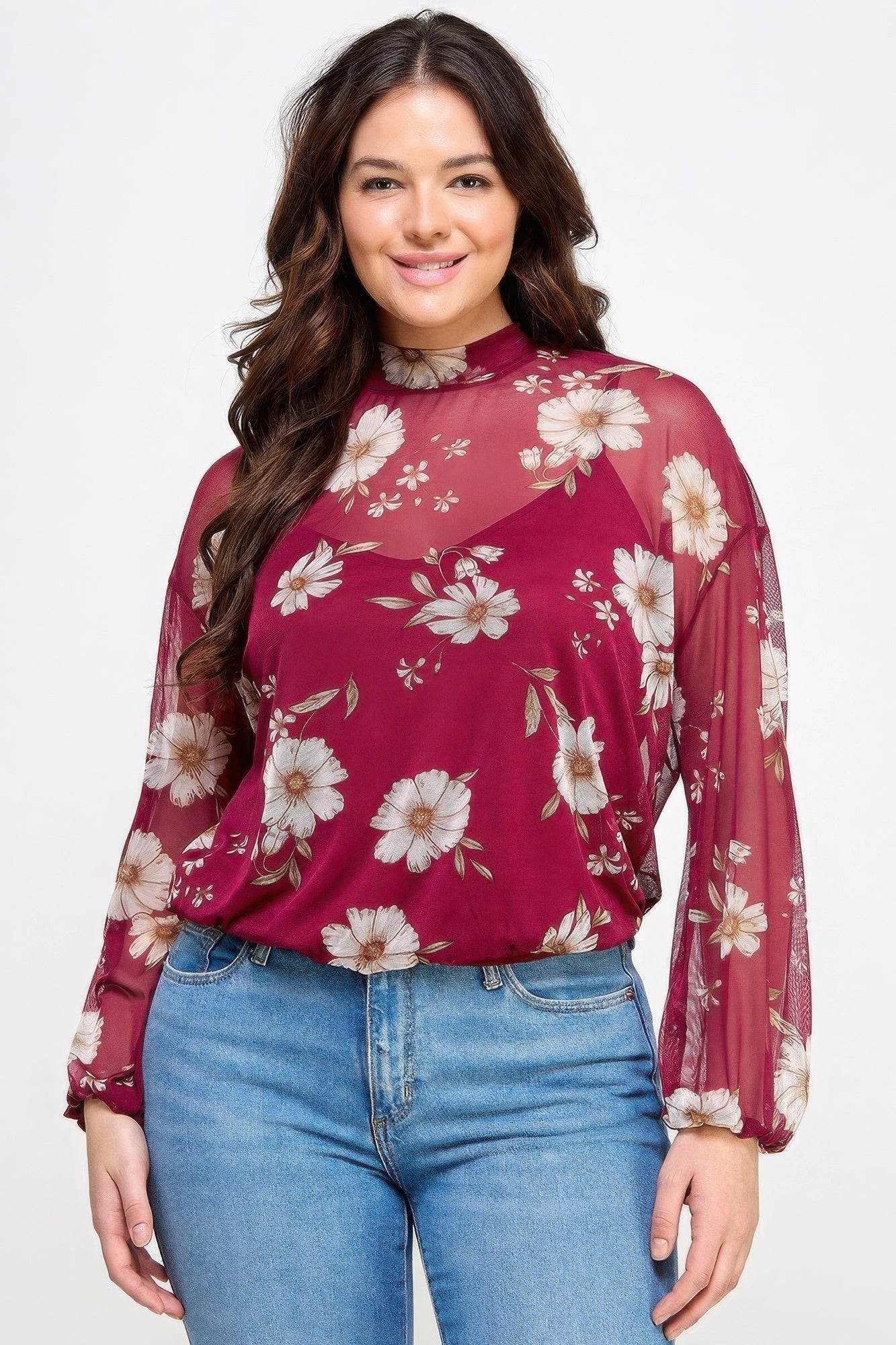 Mesh Floral Ls Top w/Cami