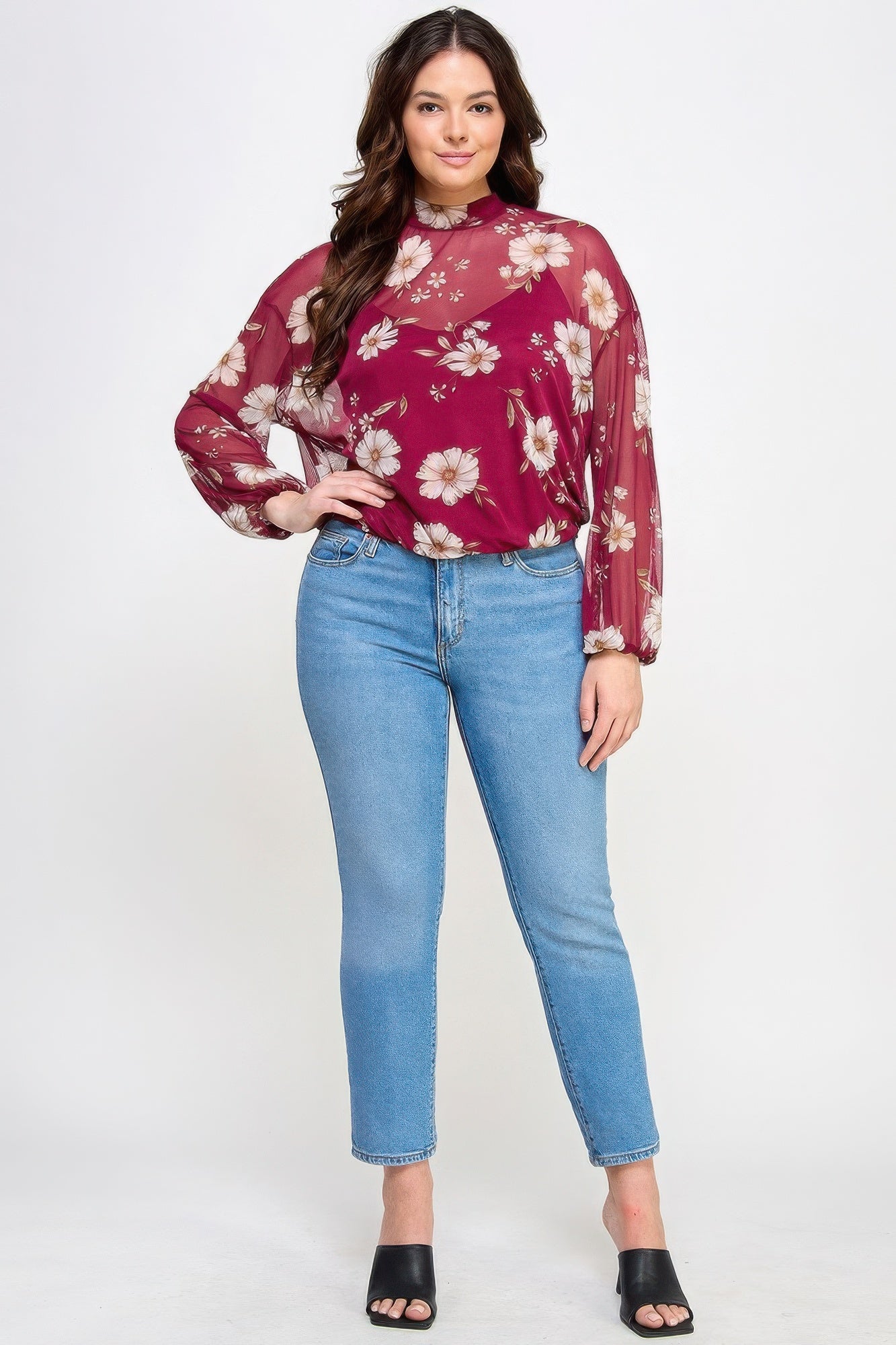 Mesh Floral Ls Top w/Cami