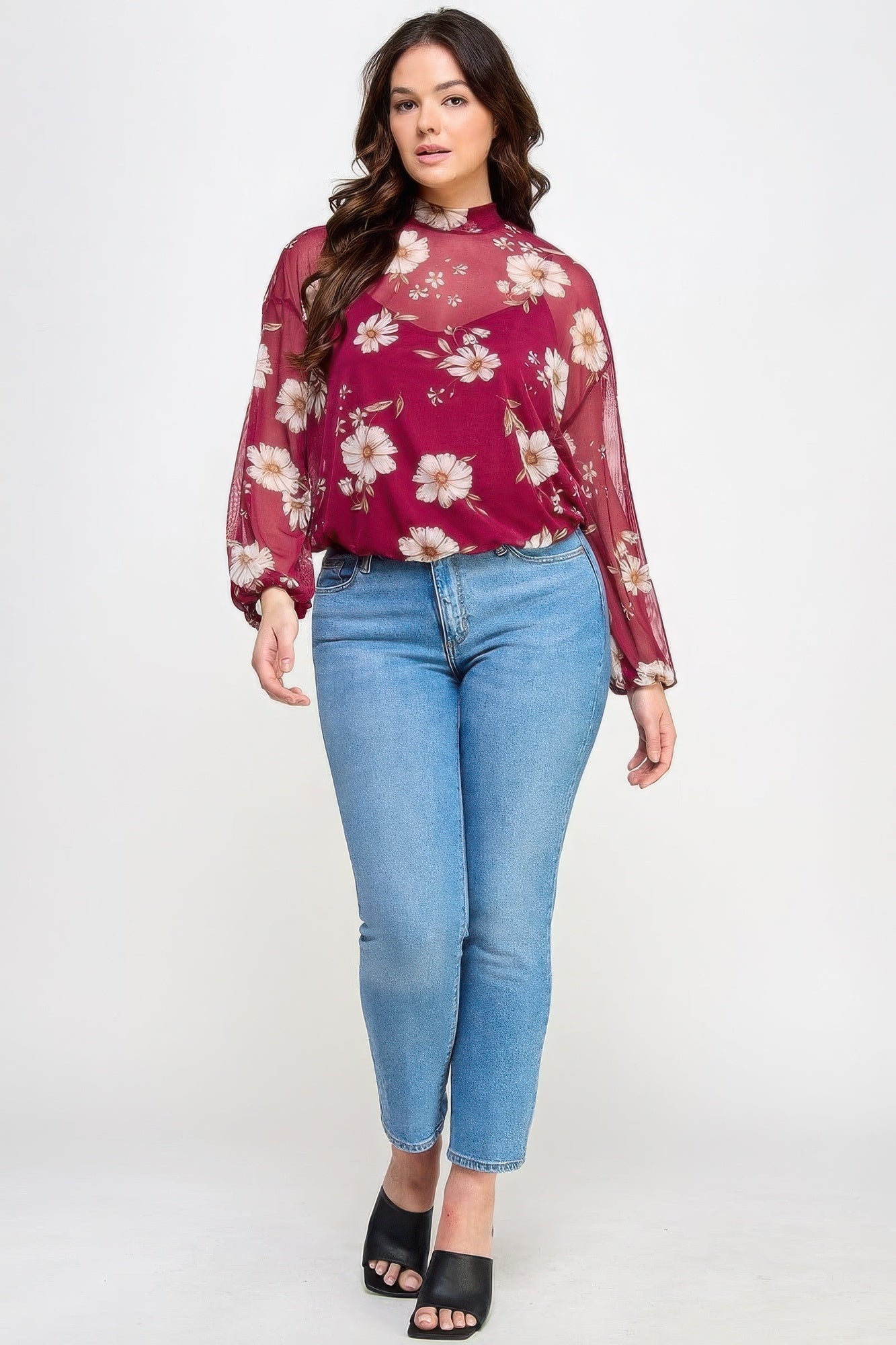 Mesh Floral Ls Top w/Cami