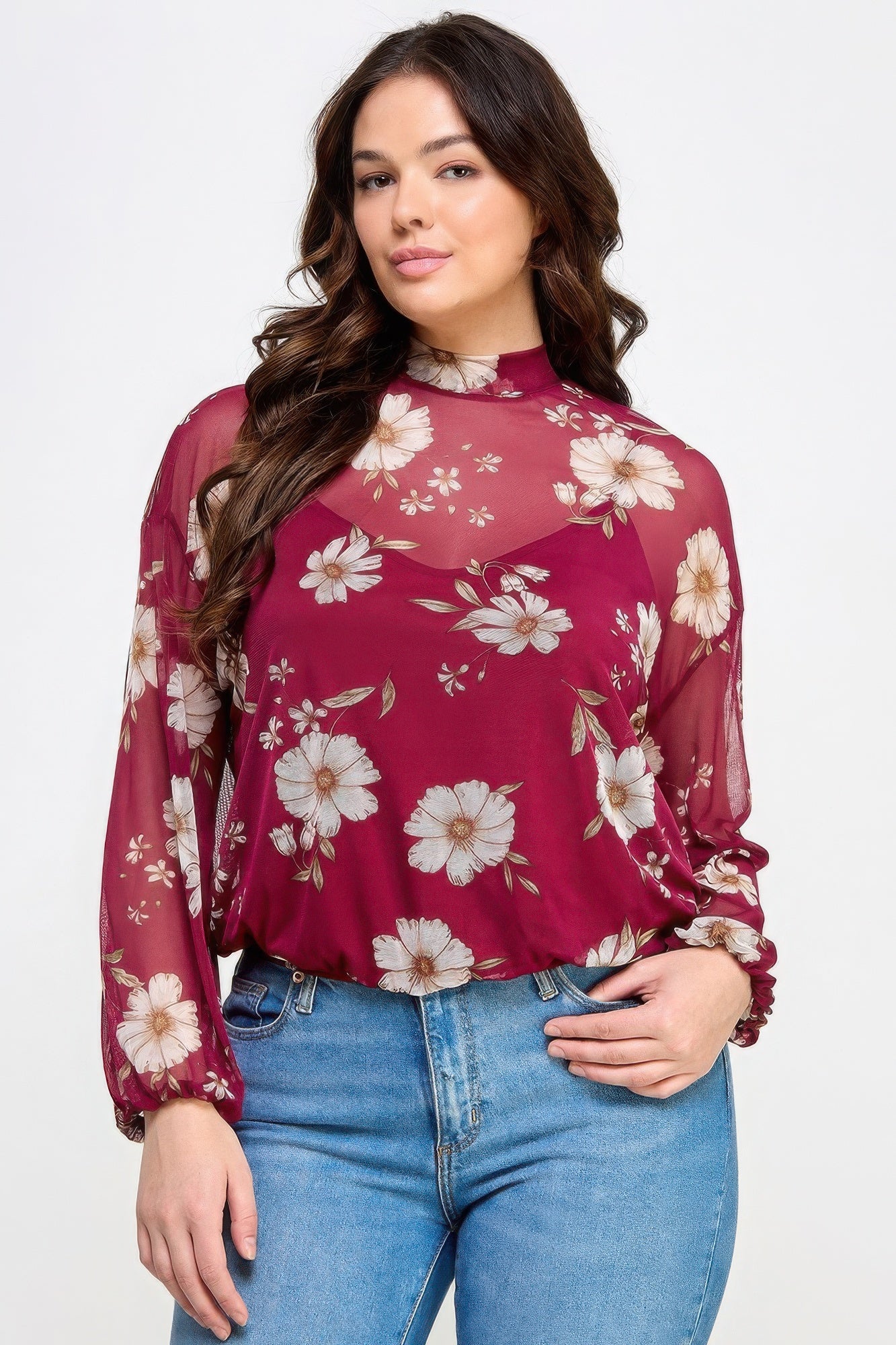 Mesh Floral Ls Top w/Cami