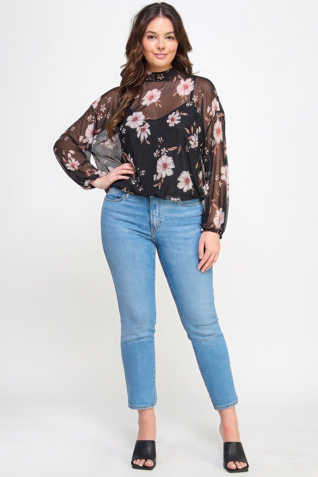 Mesh Floral Ls Top w/Cami