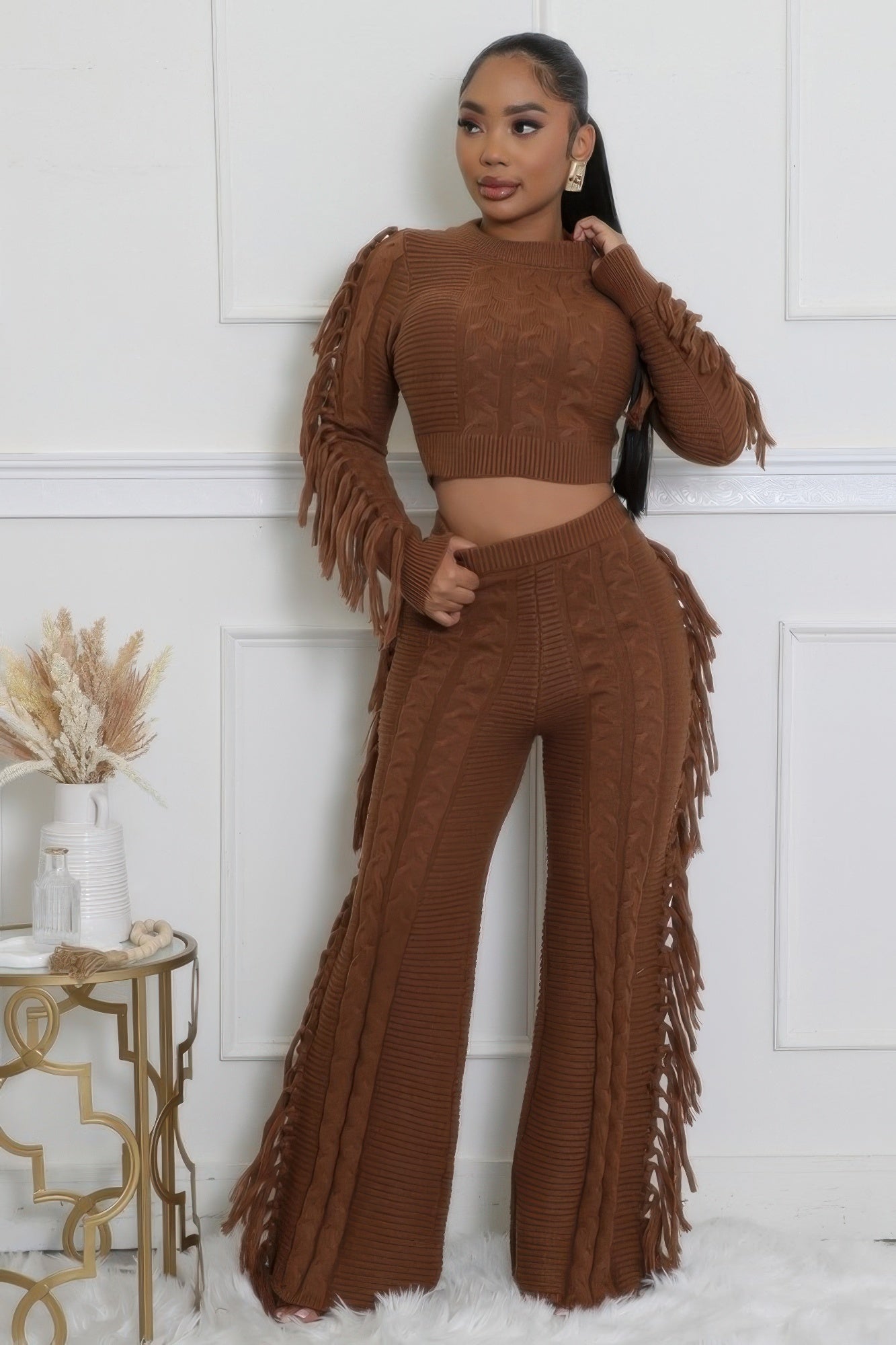 Fringe Accent Knitted Texture Pant Set
