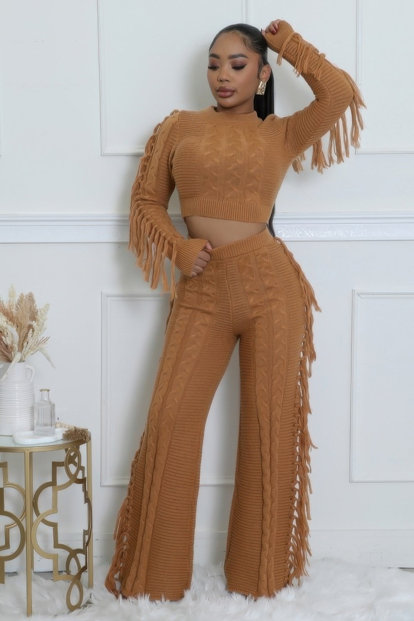 Fringe Accent Knitted Texture Pant Set