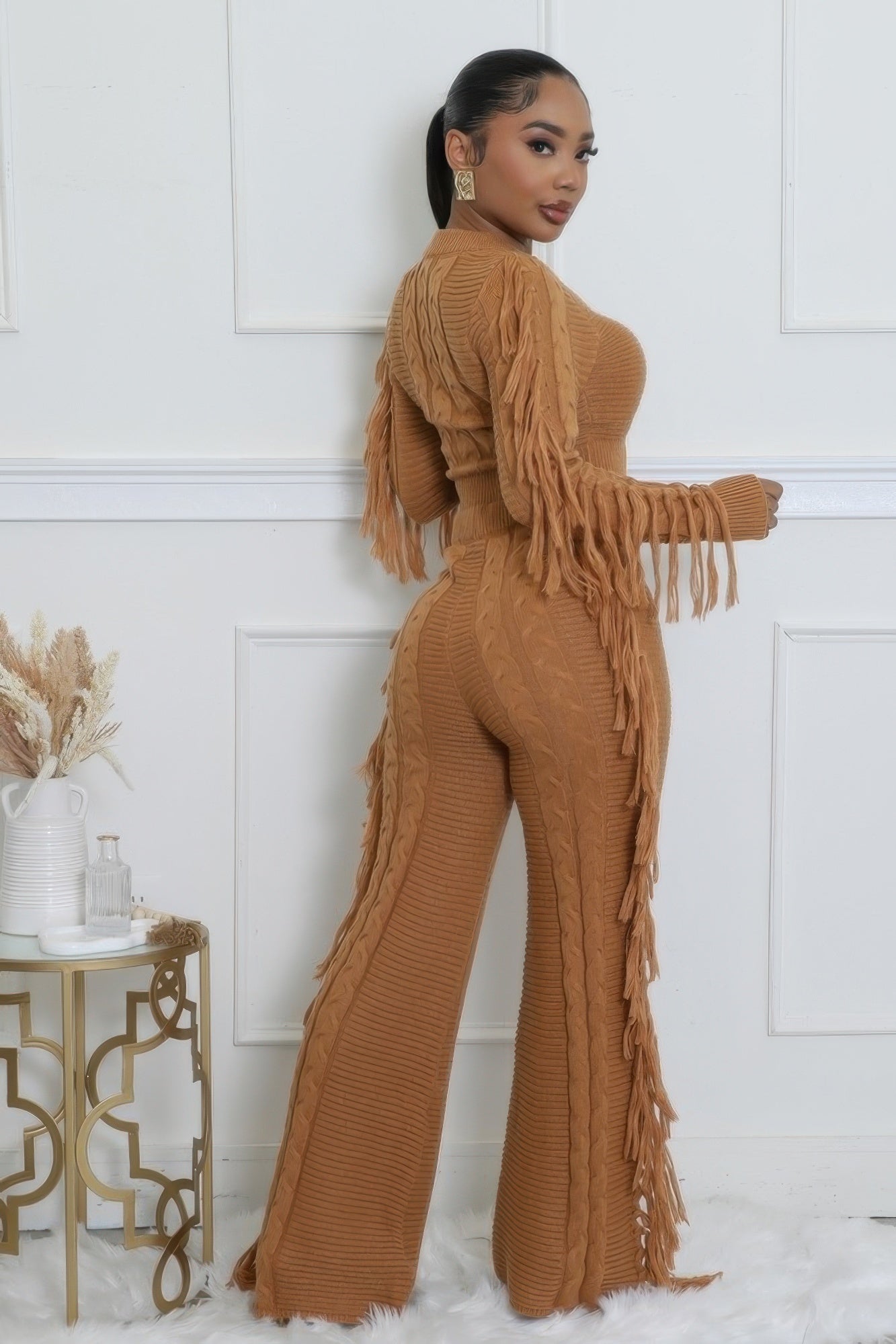 Fringe Accent Knitted Texture Pant Set