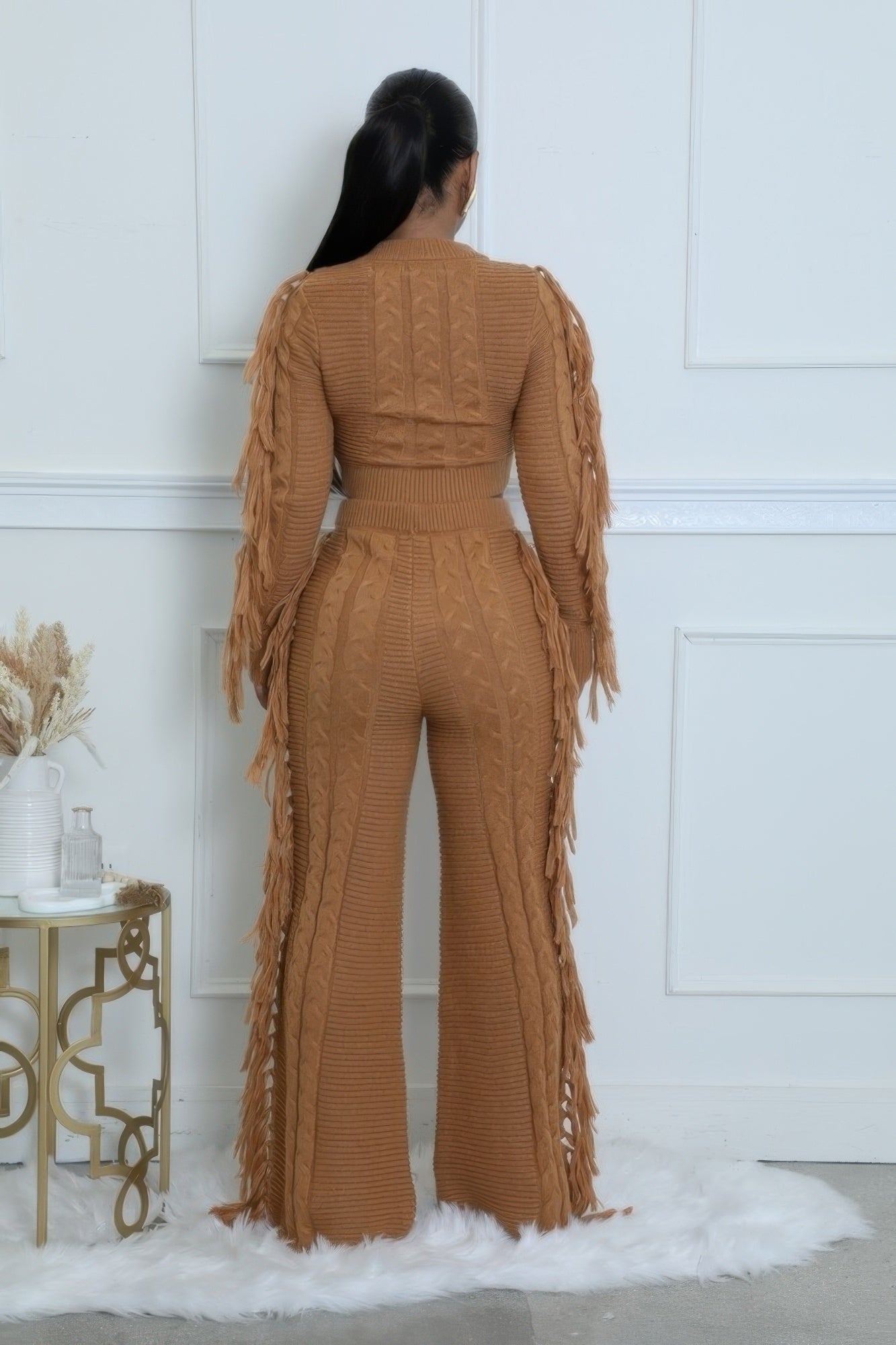 Fringe Accent Knitted Texture Pant Set