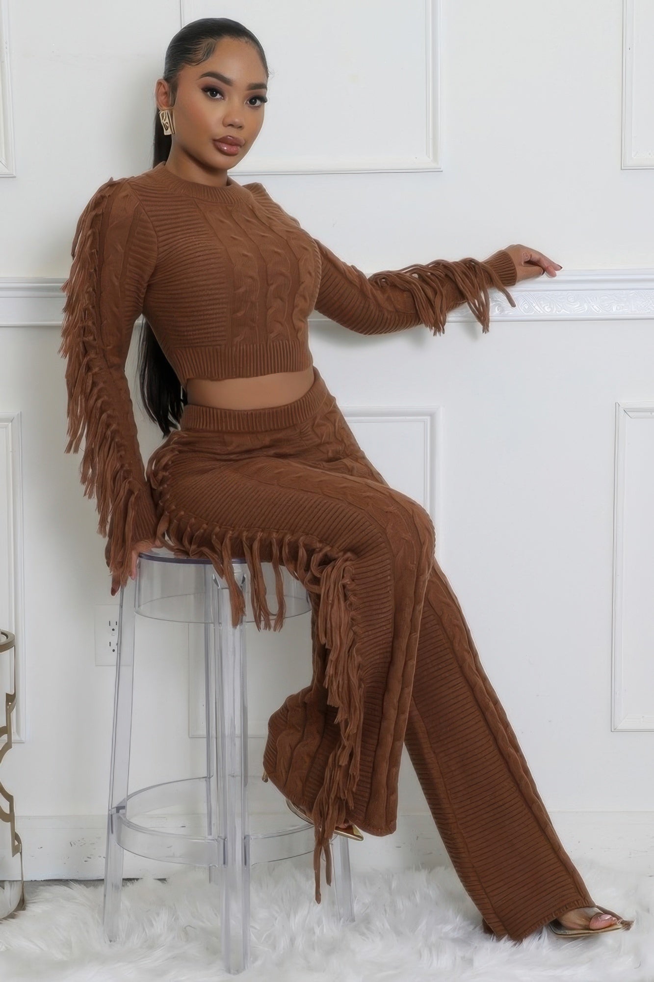 Fringe Accent Knitted Texture Pant Set
