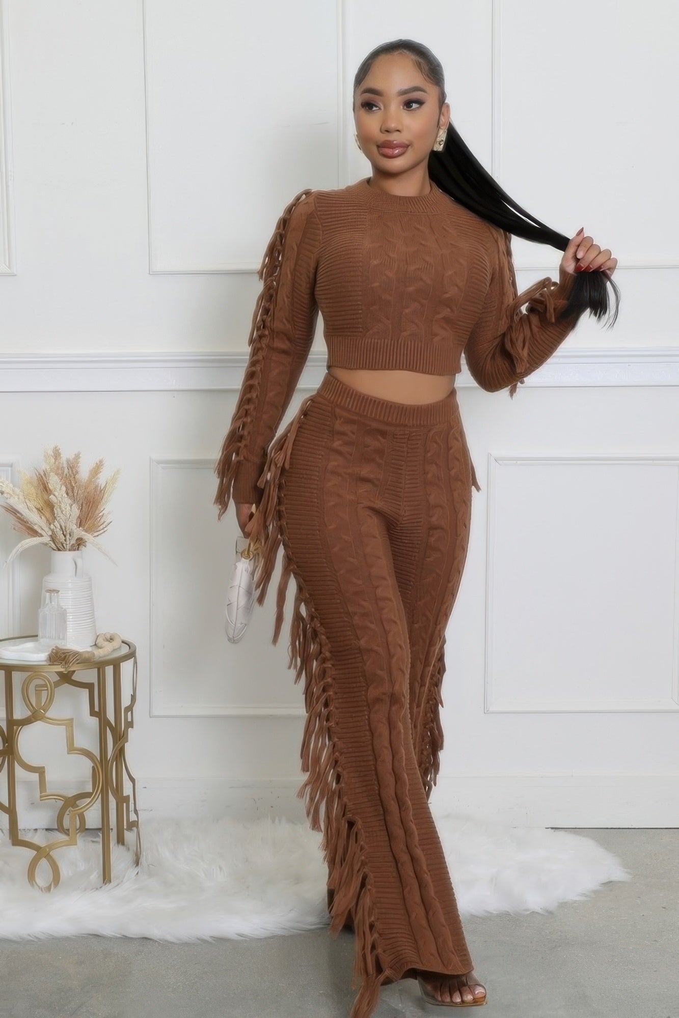 Fringe Accent Knitted Texture Pant Set