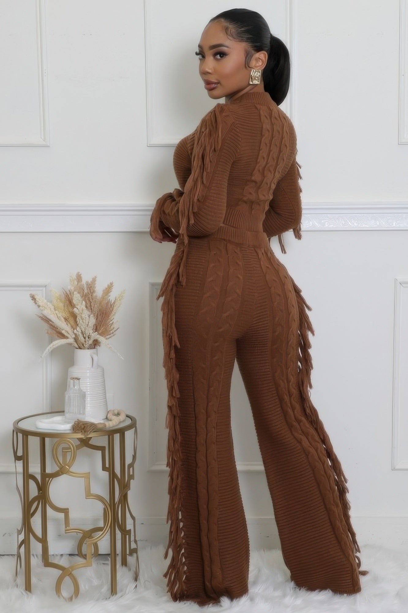 Fringe Accent Knitted Texture Pant Set