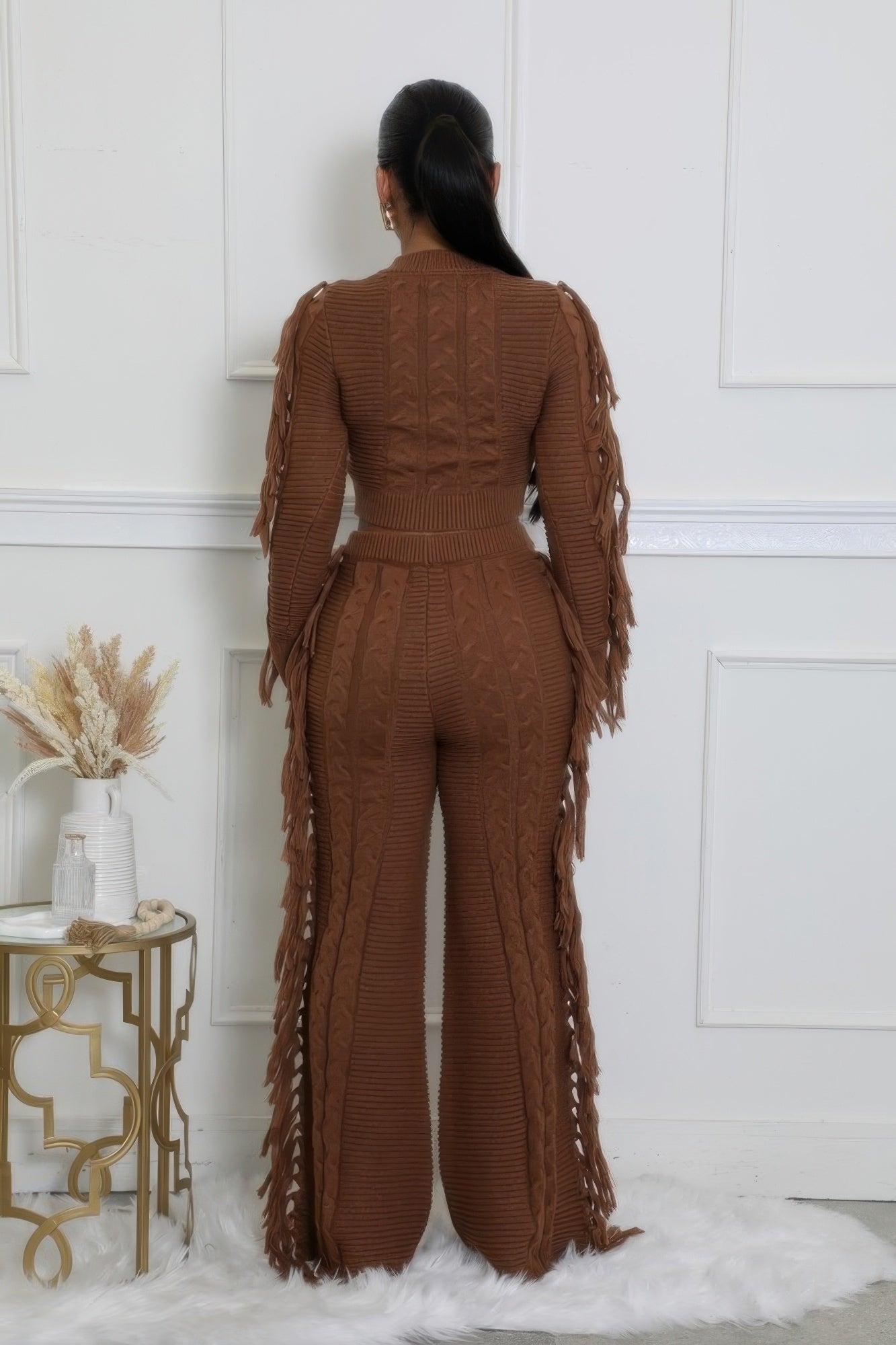 Fringe Accent Knitted Texture Pant Set
