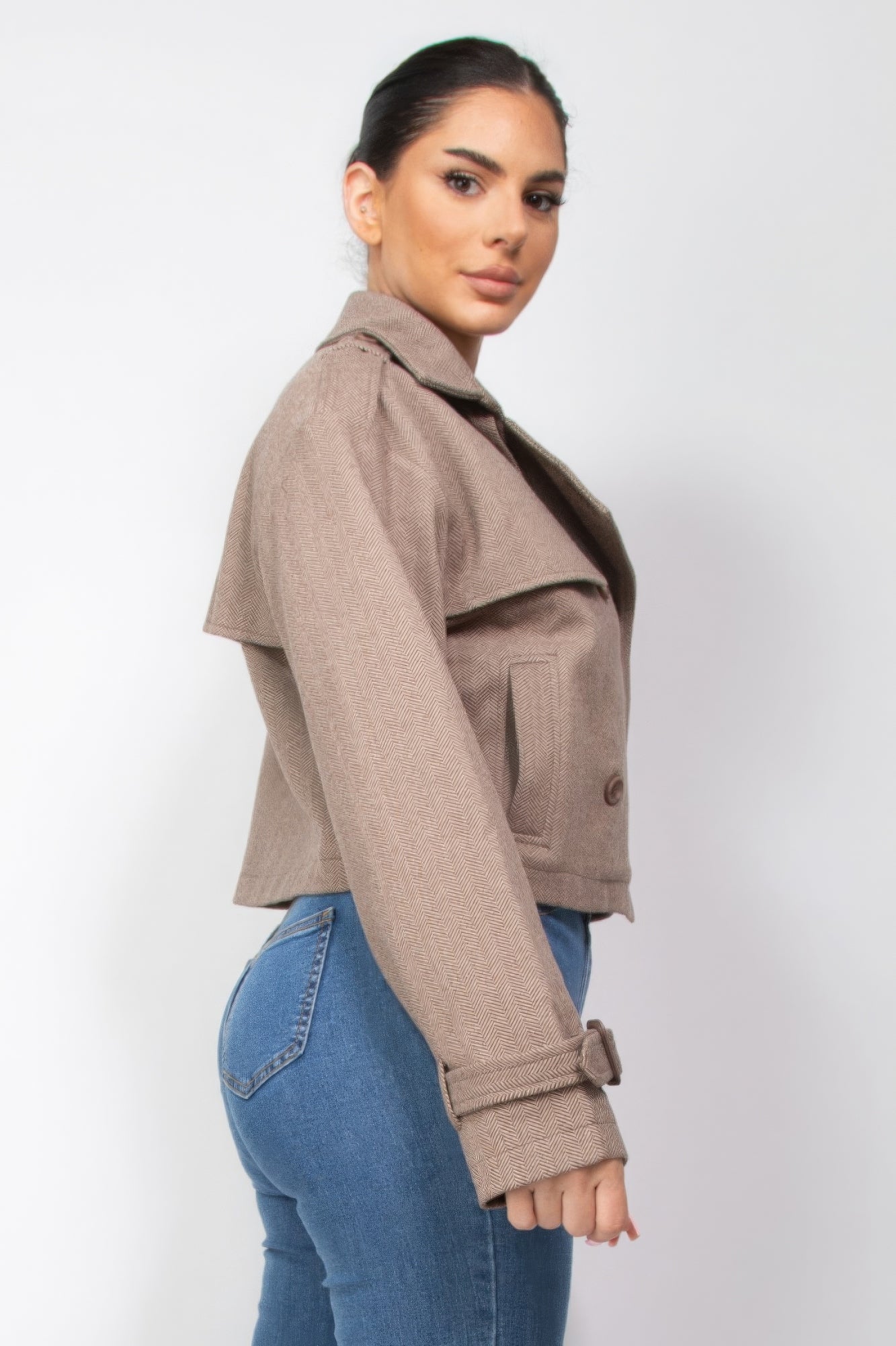 Notch Buckled Sleeve Crop Trench Coat