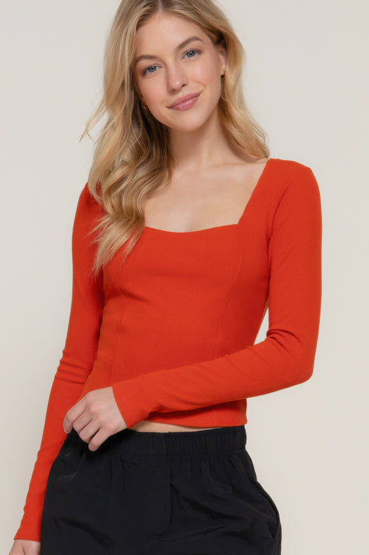 Long Sleeve Sweetheart Neck Seam Knit Top