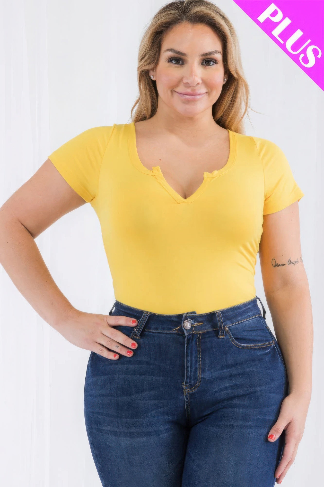 Plus Size Split Neck Solid Short Sleeve Bodysuit