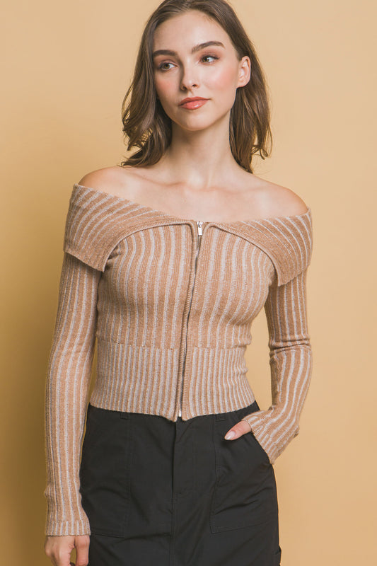 Ribbed Bardot Long Sleeve Mid Crop Top