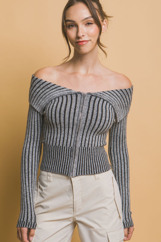 Ribbed Bardot Long Sleeve Mid Crop Top