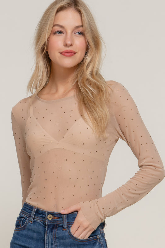 Long Sleeve Mesh w/ Rhinestone Top