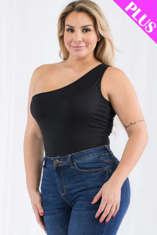 Plus size one shoulder solid casual bodysuit