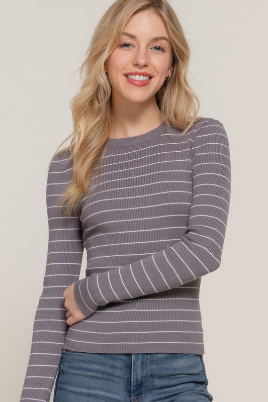 Long Sleeve Crew Neck Stripe Sweater