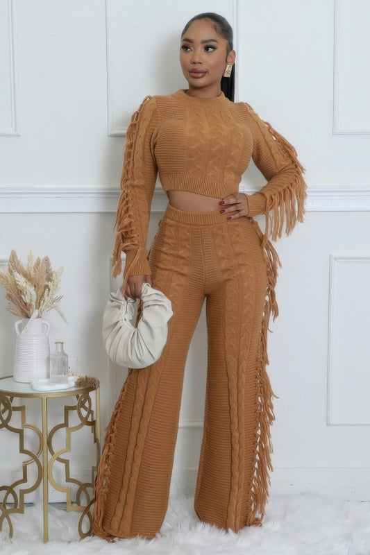 Fringe Accent Knitted Texture Pant Set