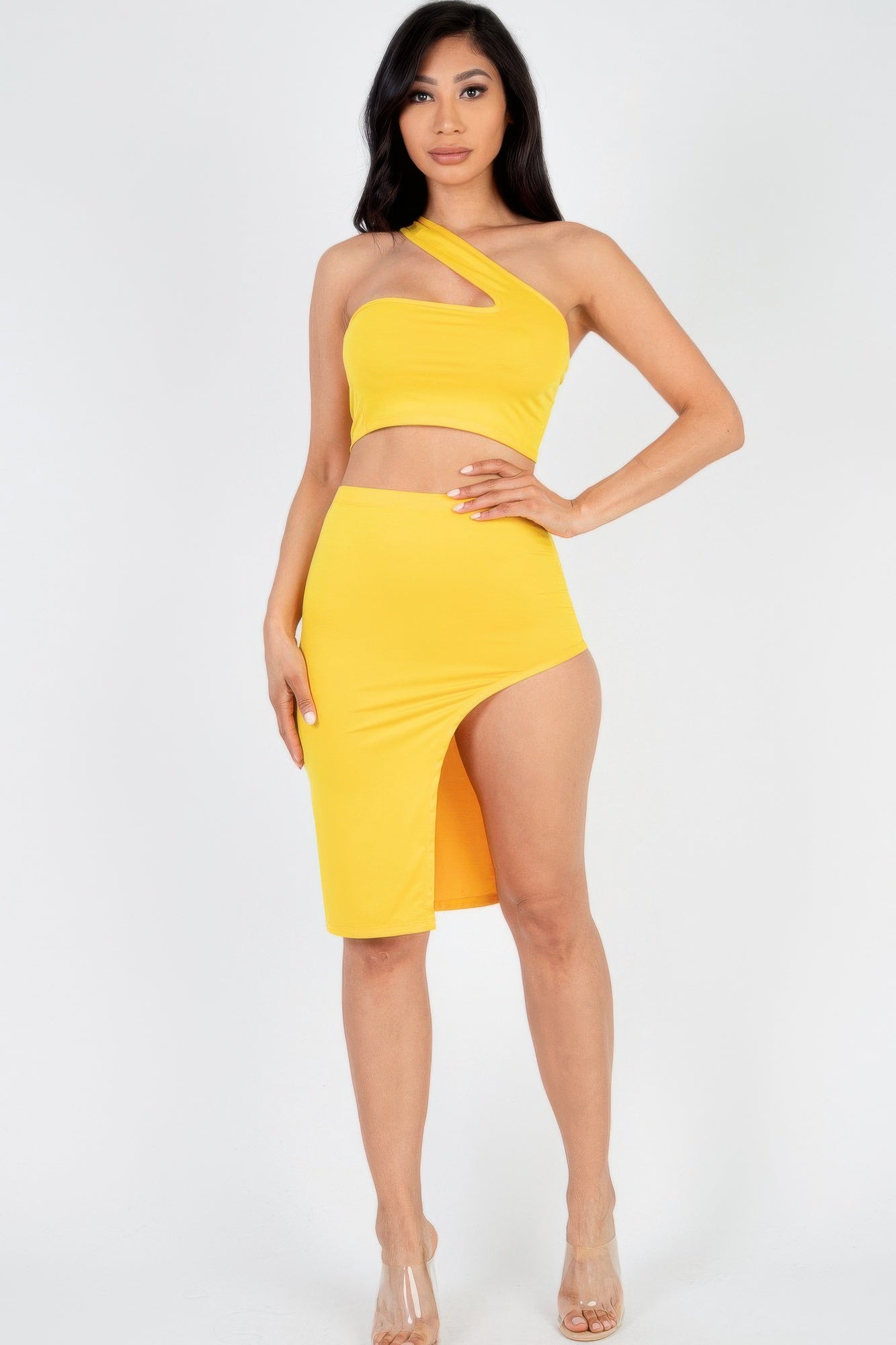 Sexy Solid One Shoulder Crop Top & Split Thigh Midi Skirt Set