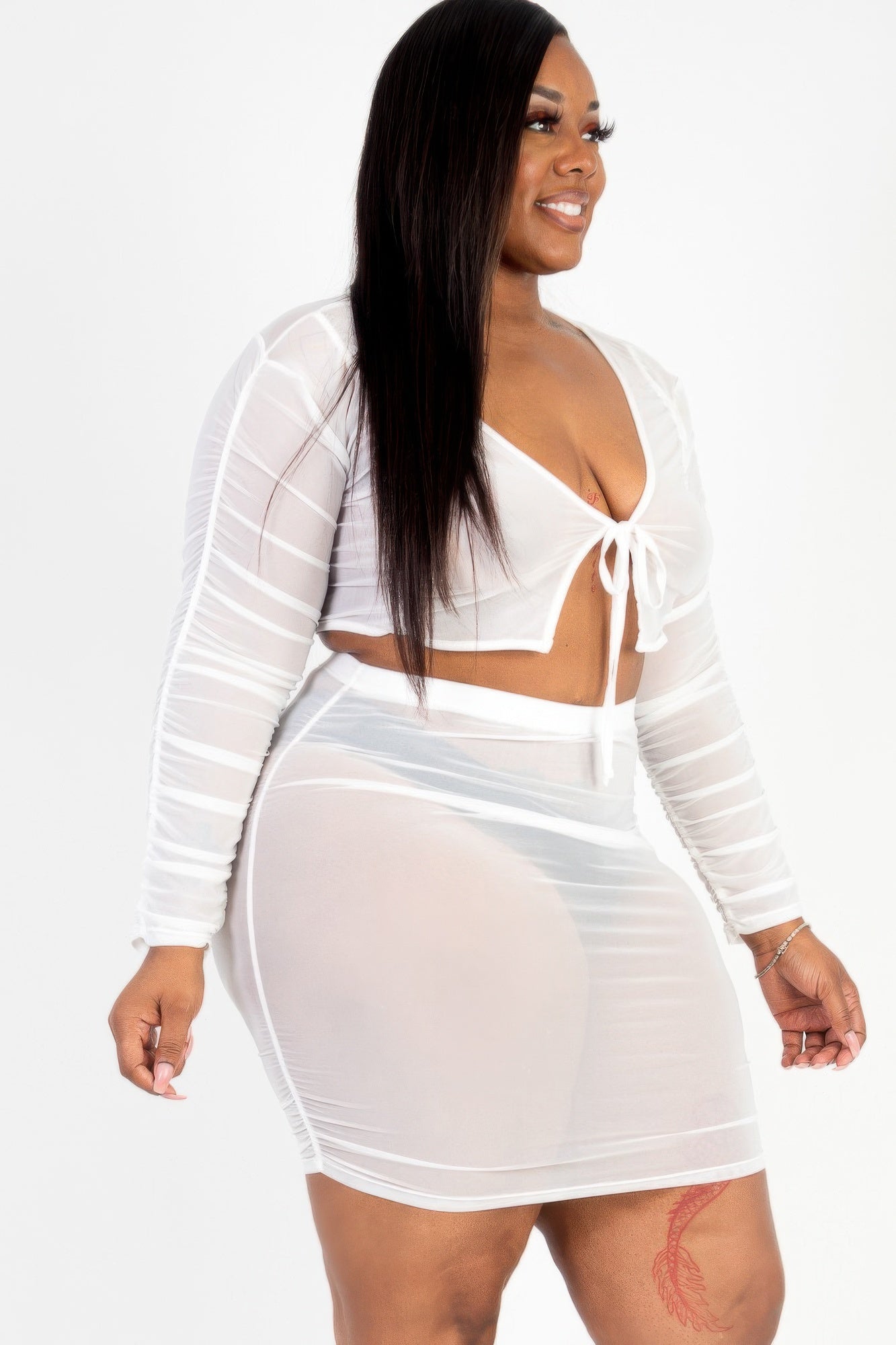 Plus Size Sheer Mesh Tie Front Crop Top & Ruched Side Mini Dress