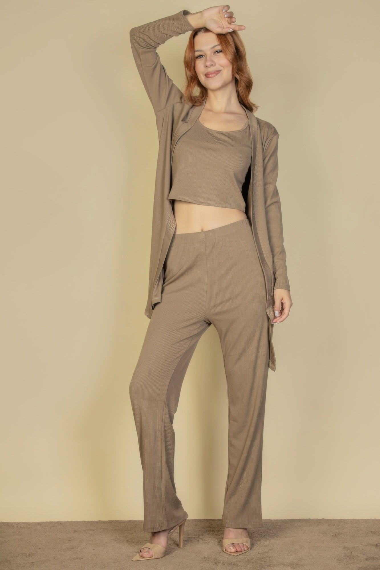 Flat Back Rib 3 Pieces Cami Top With Pants And Long Cardigan Set