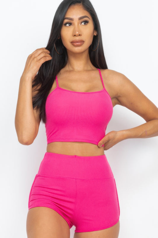 Ribbed Crop Top & Ruched Shorts Set