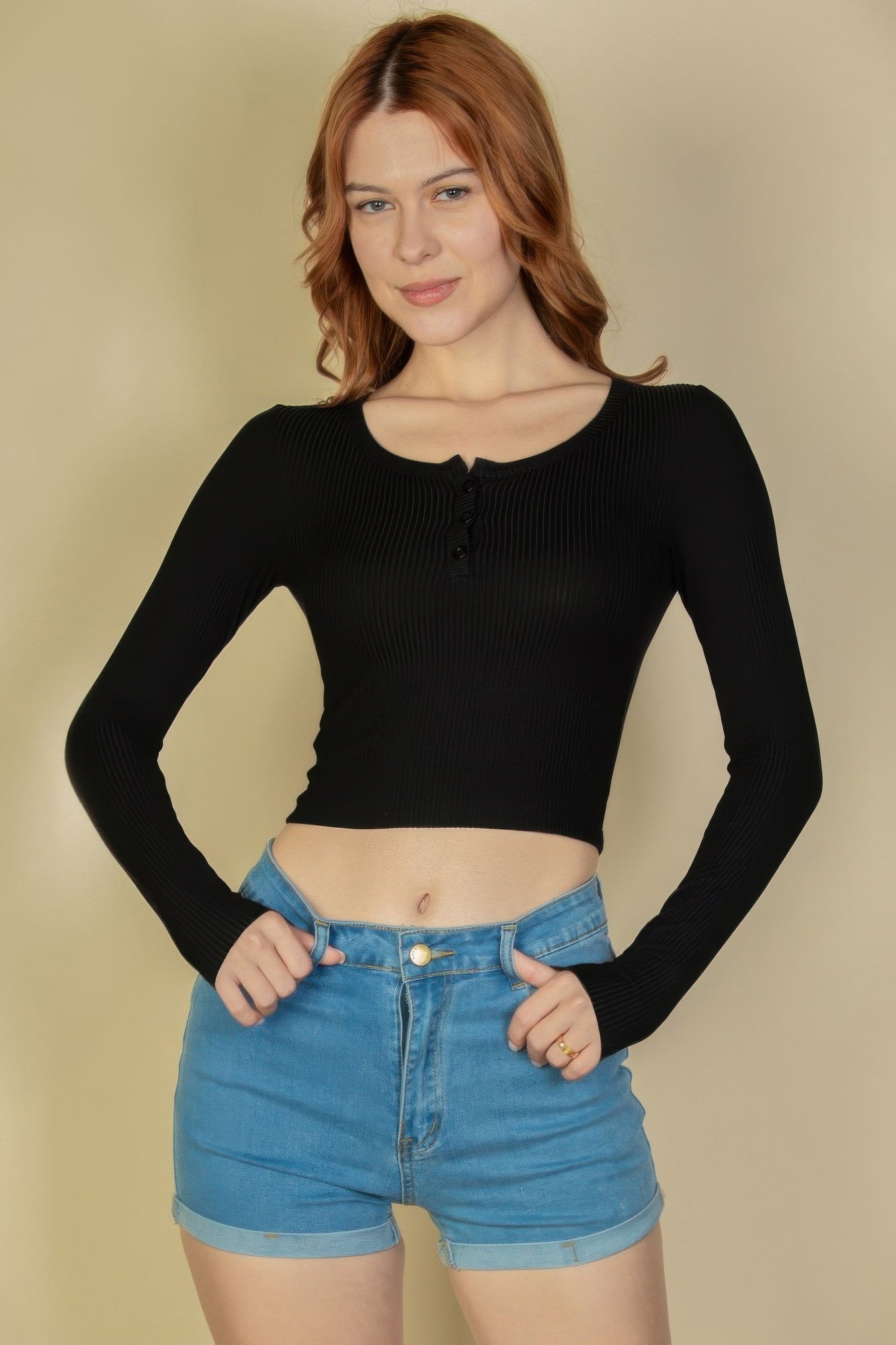 Ribbed Button Up Long Sleeve Crop Top